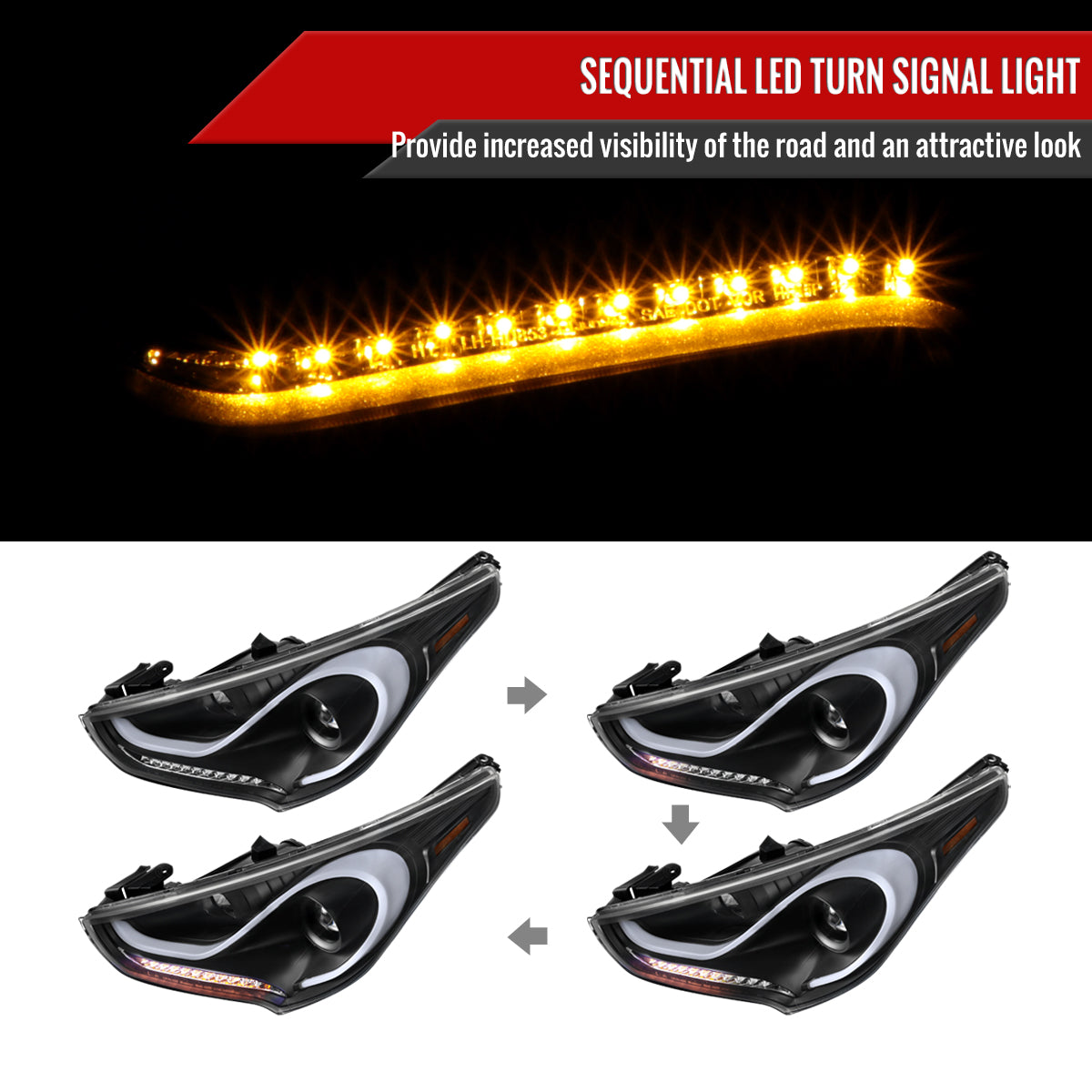 2012-2017 Hyundai Veloster LED Bar Projector Headlight w/ Sequential Turn Signal Lights (Matte Black Housing/Clear Lens)