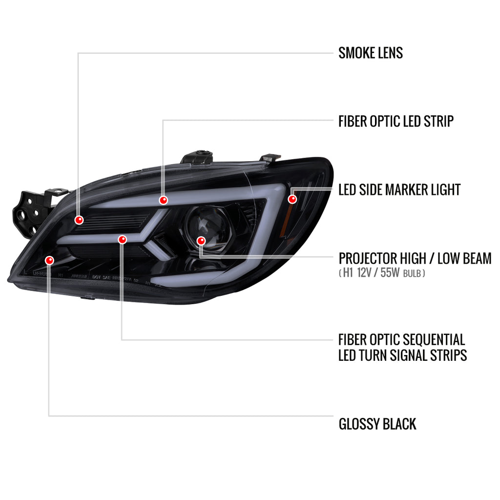 2006-2007 Subaru Impreza WRX STI LED Bar Sequential Turn Signal Projector Headlights (Glossy Black Housing/Smoke Lens)