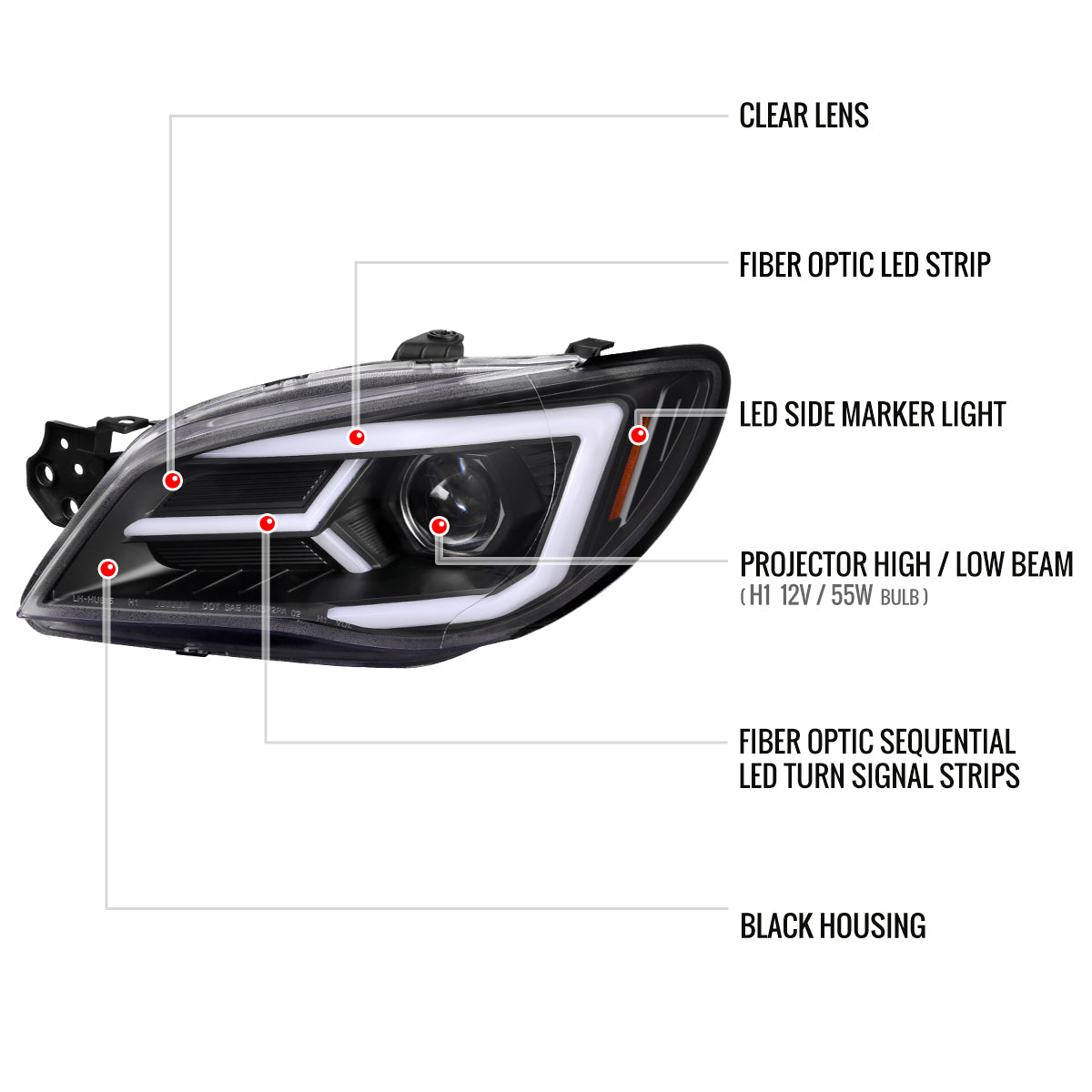 2006-2007 Subaru Impreza WRX STI LED Bar Sequential Turn Signal Projector Headlights (Matte Black Housing/Clear Lens)