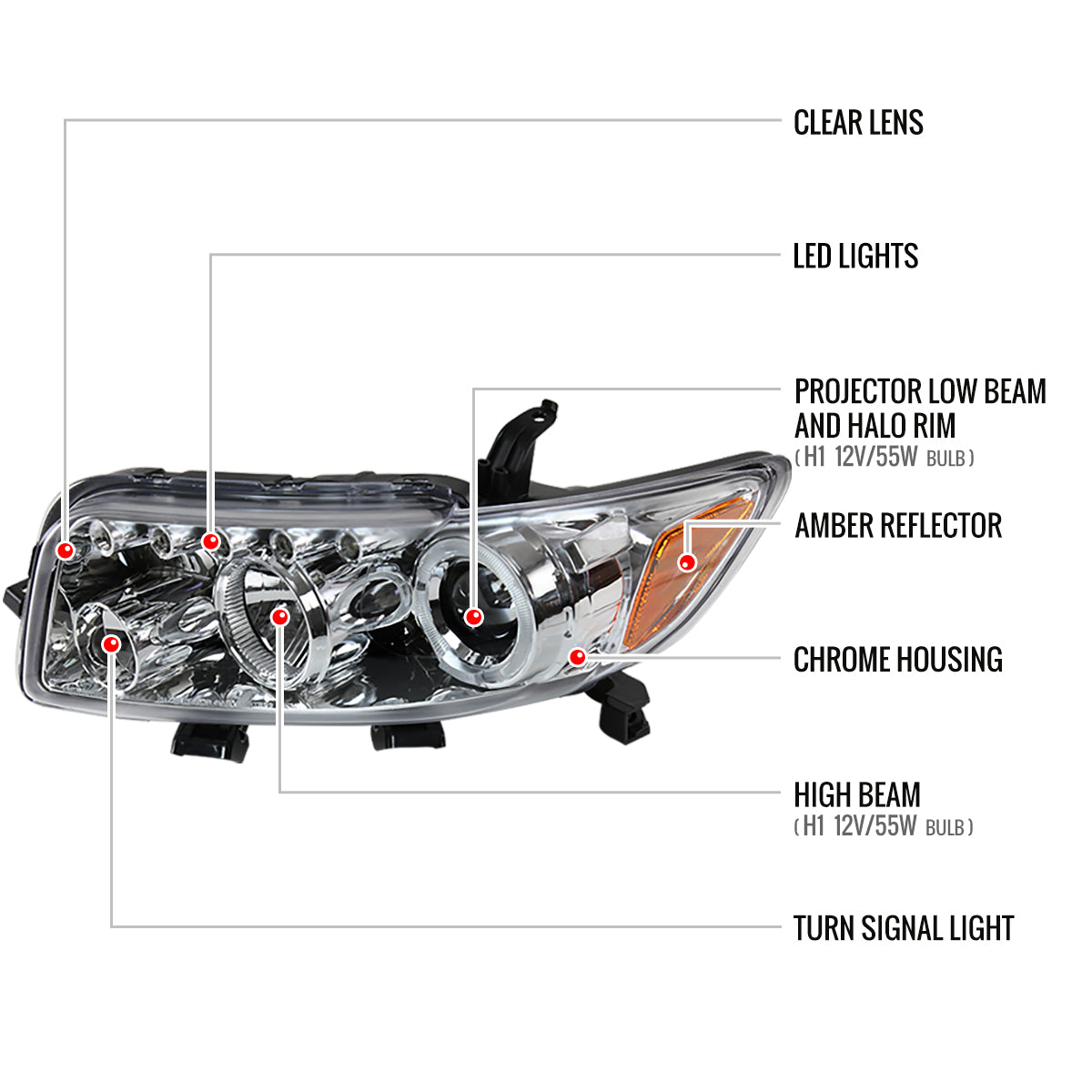 2008-2010 Scion xB Single Halo Projector Headlights (Chrome Housing/Clear Lens)