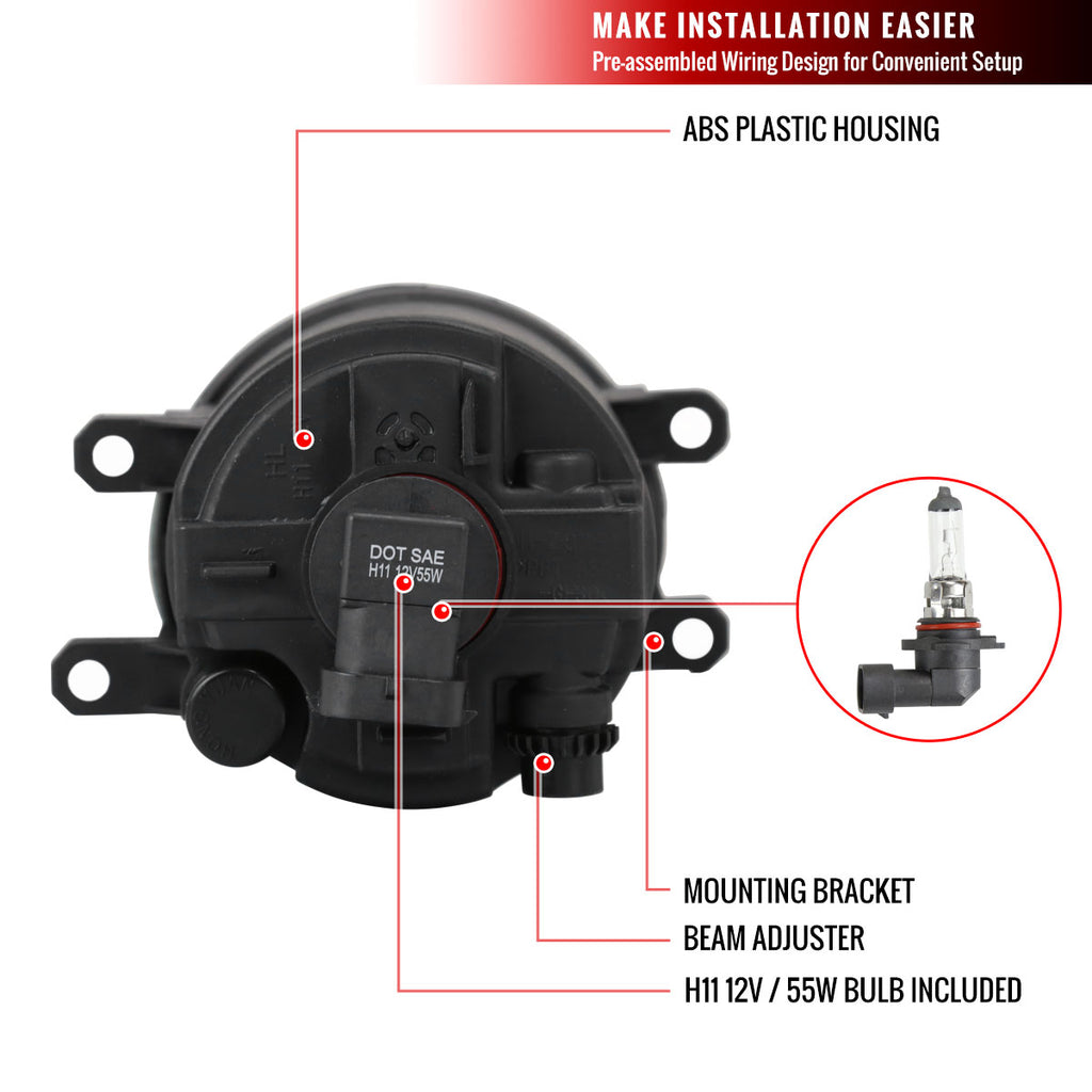 2008-2011 Toyota Highlander H11 Fog Lights Kit w/ Switch & Wiring Harness (Chrome Housing/Clear Lens)