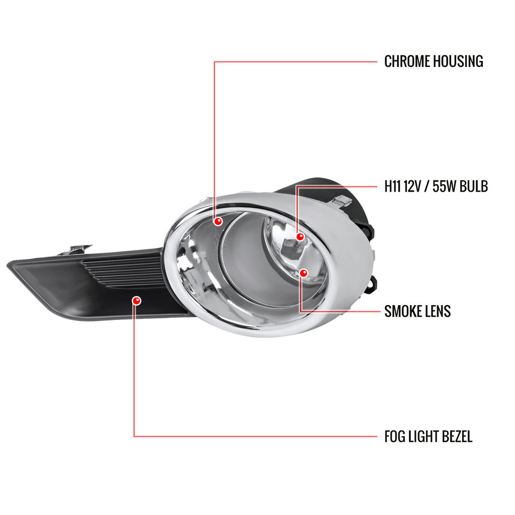 2008-2011 Toyota Highlander H11 Fog Lights Kit w/ Switch & Wiring Harness (Chrome Housing/Clear Lens)