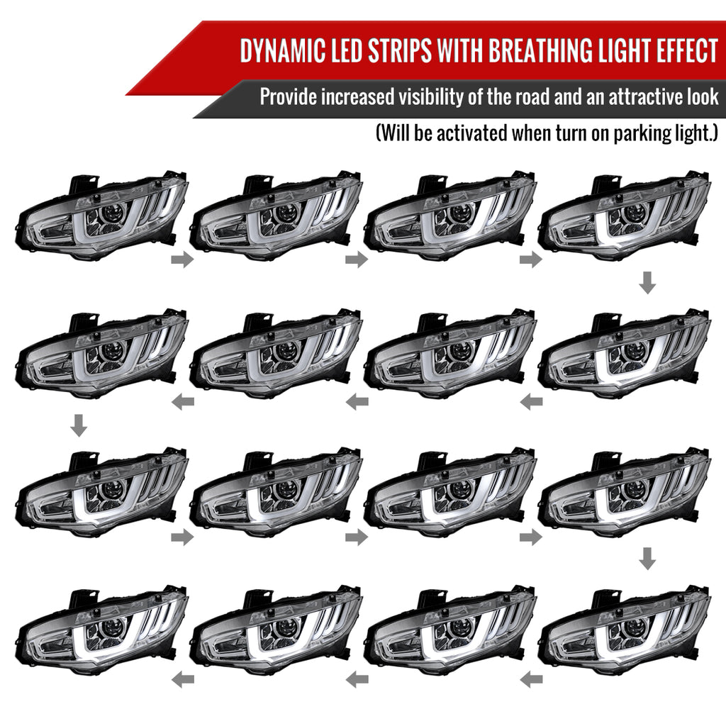 2016-2021 Honda Civic Full LED Projector Headlights w/ Switcback Sequential Turn Signal (Chrome Housing/Clear Lens)