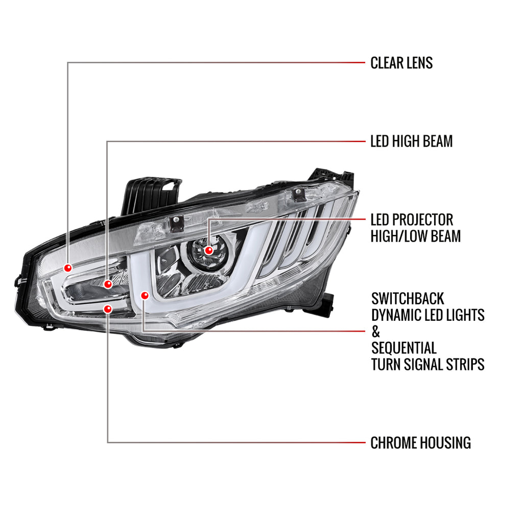 2016-2021 Honda Civic Full LED Projector Headlights w/ Switcback Sequential Turn Signal (Chrome Housing/Clear Lens)