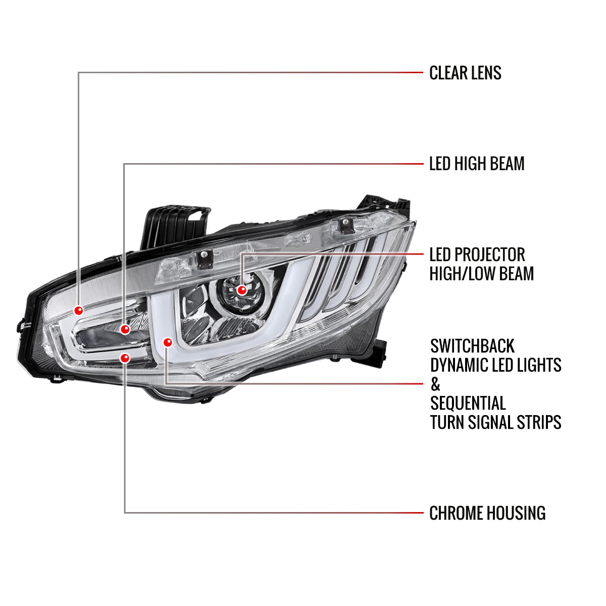 2016-2021 Honda Civic Full LED Projector Headlights w/ Switcback Sequential Turn Signal (Chrome Housing/Clear Lens)