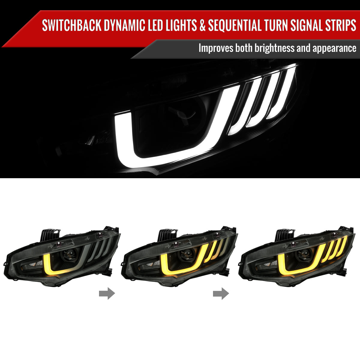 2016-2021 Honda Civic Full LED Projector Headlights w/ Switcback Sequential Turn Signal (Matte Black Housing/Smoke Lens)