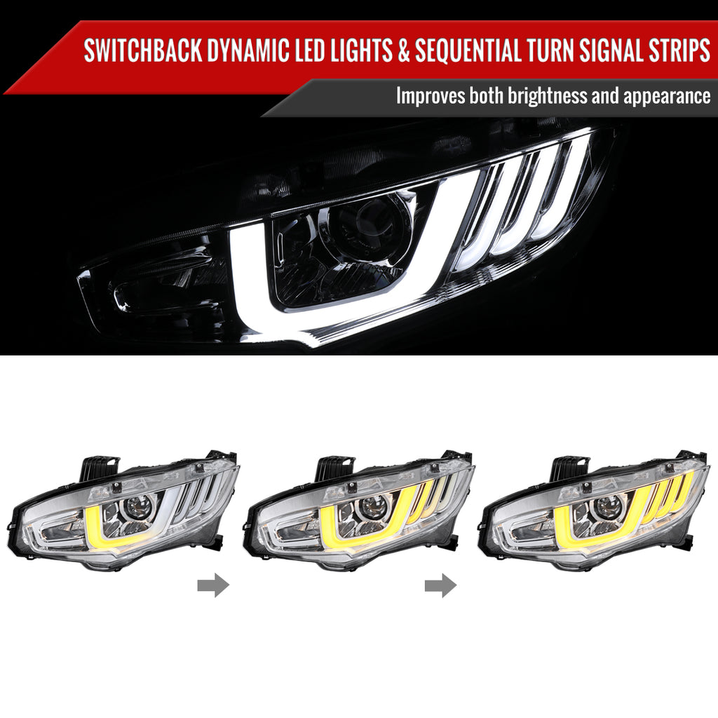 2016-2021 Honda Civic LED Headlights w/ LED Switchback Sequential Turn Signal (Chrome Housing/Clear Lens)