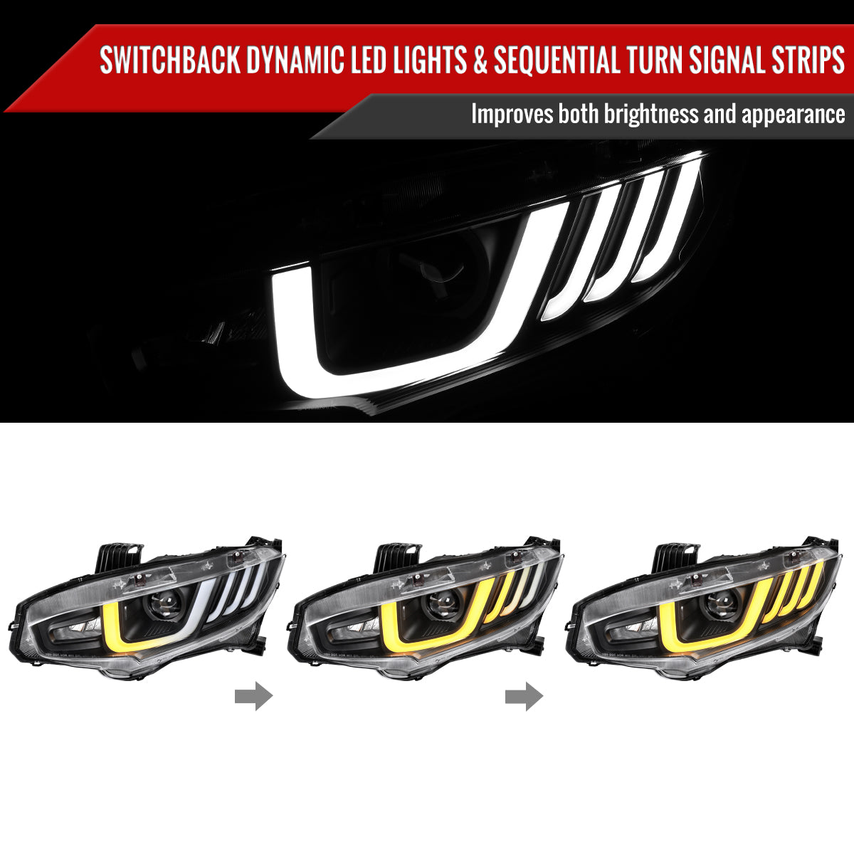 2016-2021 Honda Civic LED Headlights w/ LED Switchback Sequential Turn Signal (Matte Black Housing/Clear Lens)