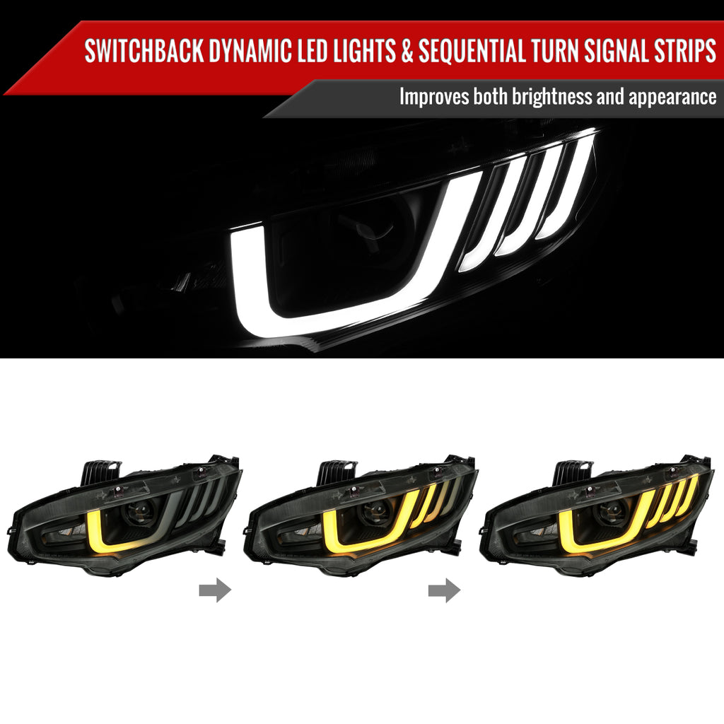 2016-2021 Honda Civic LED Headlights w/ LED Switchback Sequential Turn Signal (Matte Black Housing/Smoke Lens)