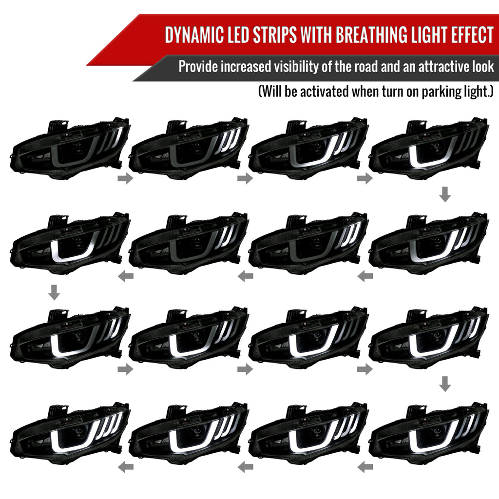 2016-2021 Honda Civic LED Headlights w/ LED Switchback Sequential Turn Signal (Matte Black Housing/Smoke Lens)