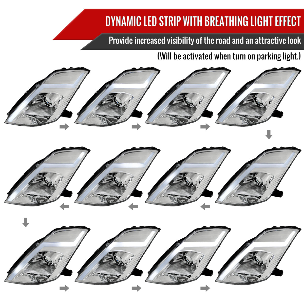 2003-2005 Nissan 350Z Switchback Sequential Turn Signal Animated LED Bar Projector Headlights (Chrome Housing/Clear Lens)