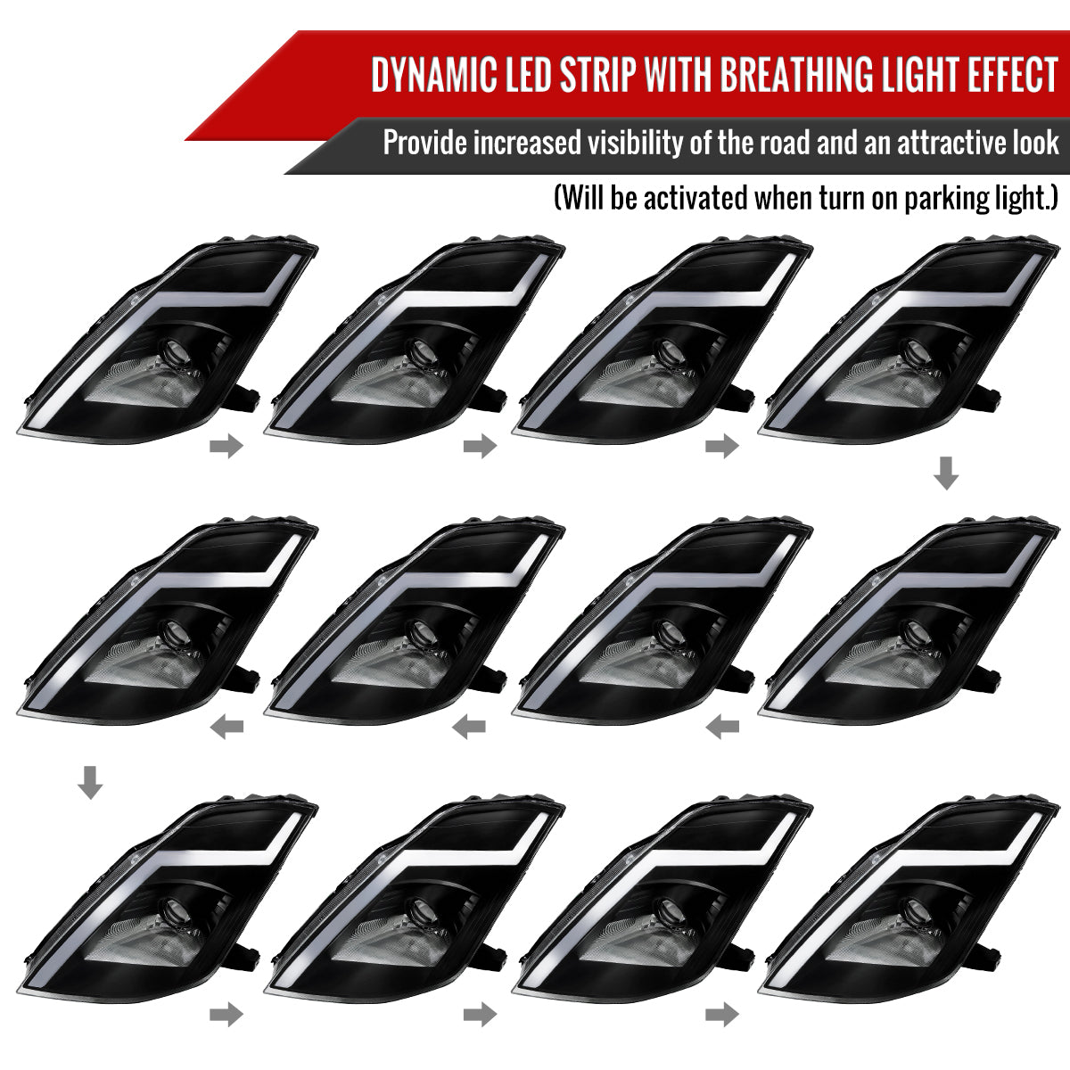 2003-2005 Nissan 350Z Switchback Sequential Turn Signal Animated LED Bar Projector Headlights (Matte Black Housing/Clear Lens)