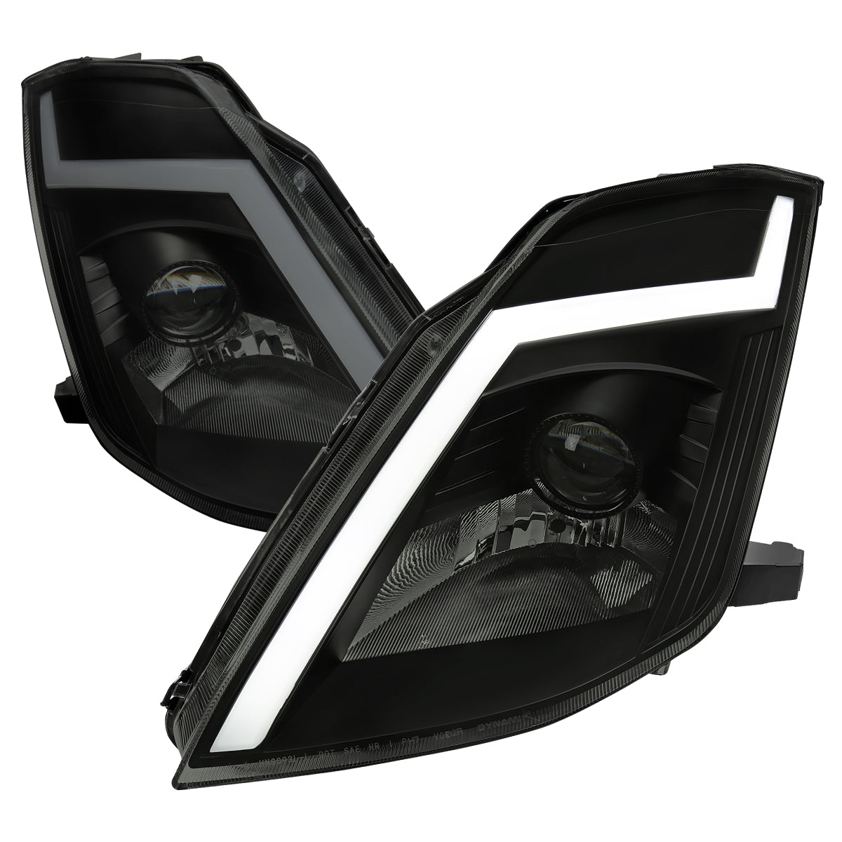 2003-2005 Nissan 350Z Switchback Sequential Turn Signal Animated LED Bar Projector Headlights (Matte Black Housing/Smoke Lens)