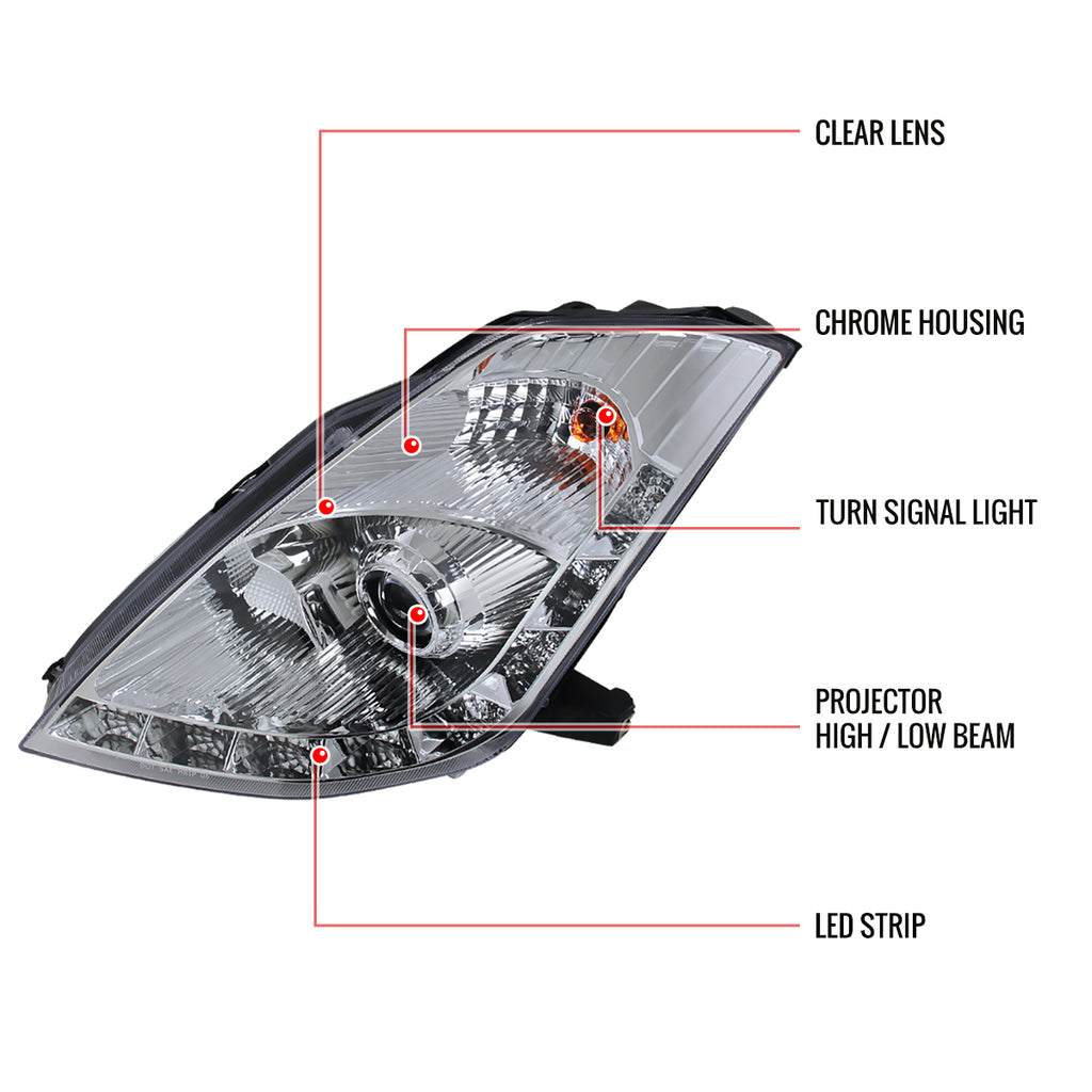 2006-2009 Nissan 350Z SMD LED Light Strip Projector Headlights - Chrome/Clear Lens