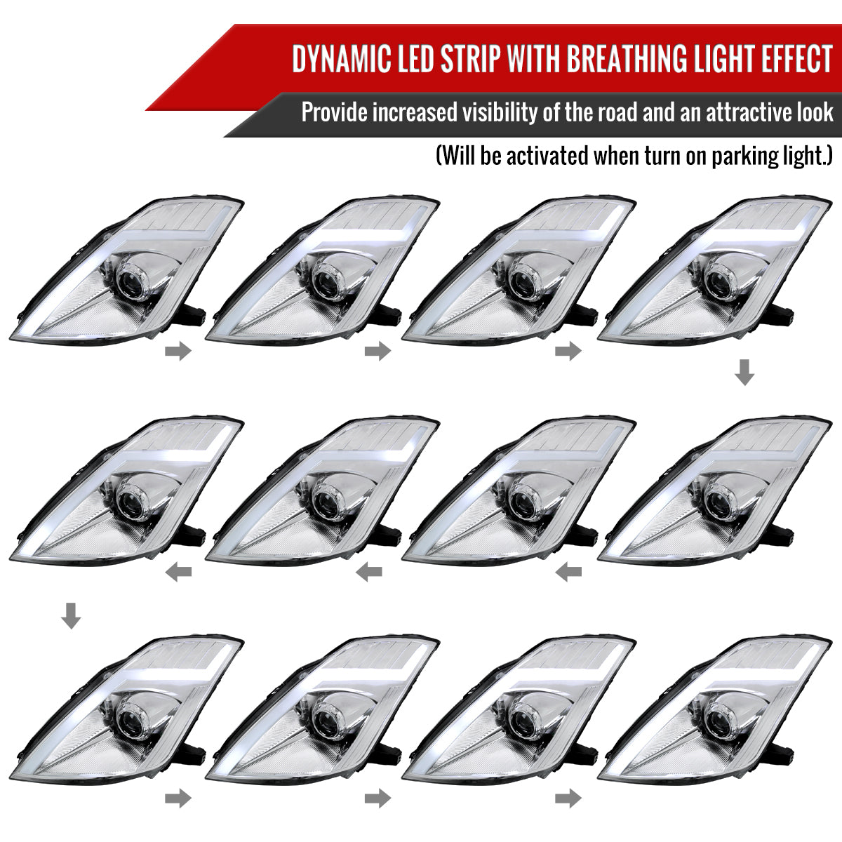 2006-2009 Nissan 350Z Switchback Sequential Turn Signal Animated LED Bar Projector Headlights (Chrome Housing/Clear Lens)