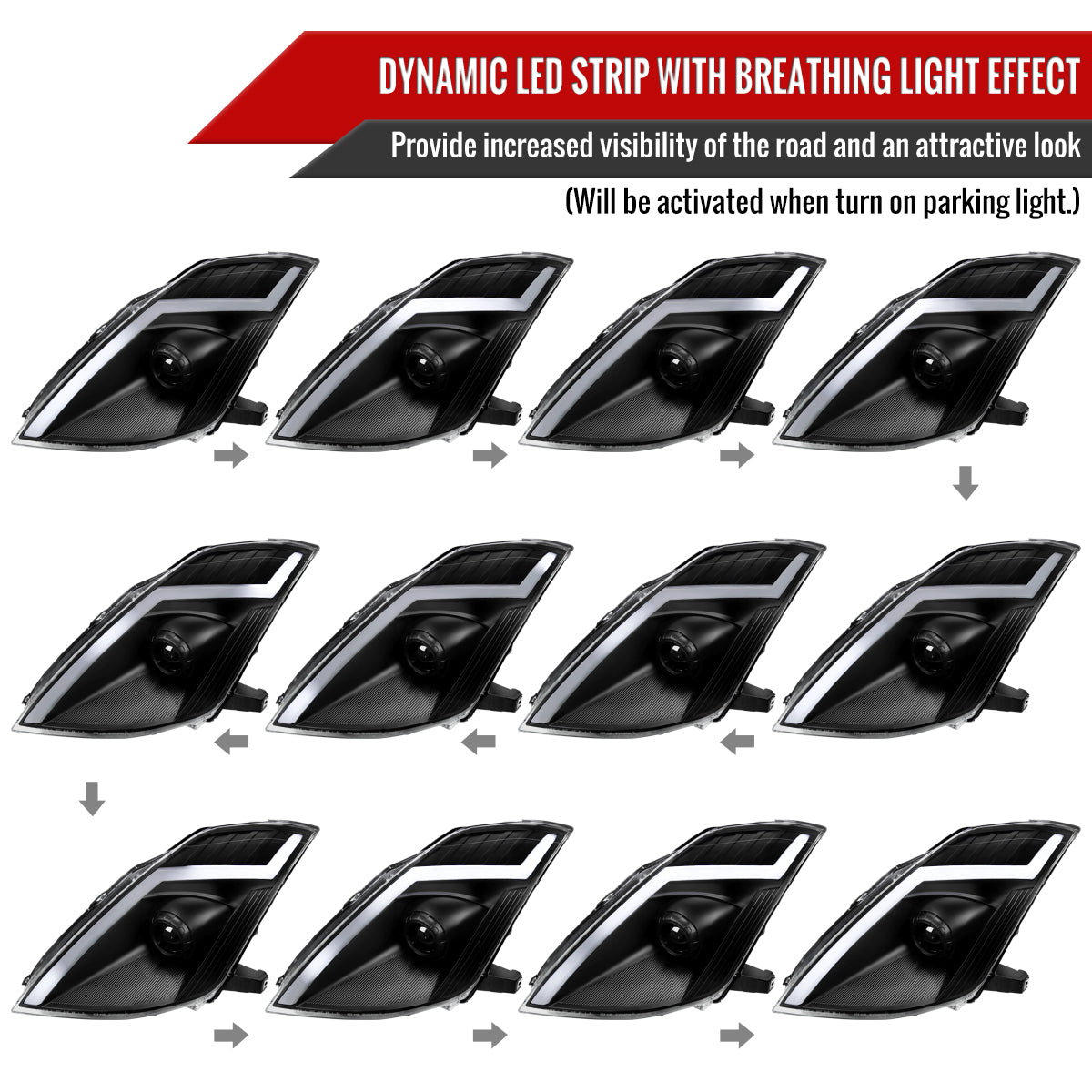 2006-2009 Nissan 350Z Switchback Sequential Turn Signal Animated LED Bar Projector Headlights (Matte Black Housing/Clear Lens)