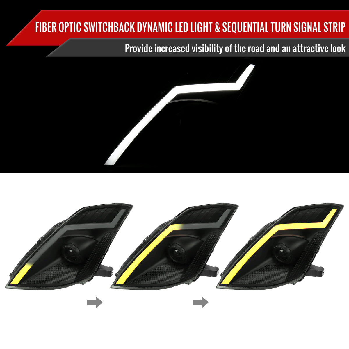 2006-2009 Nissan 350Z Switchback Sequential Turn Signal Animated LED Bar Projector Headlights (Matte Black Housing/Smoke Lens)