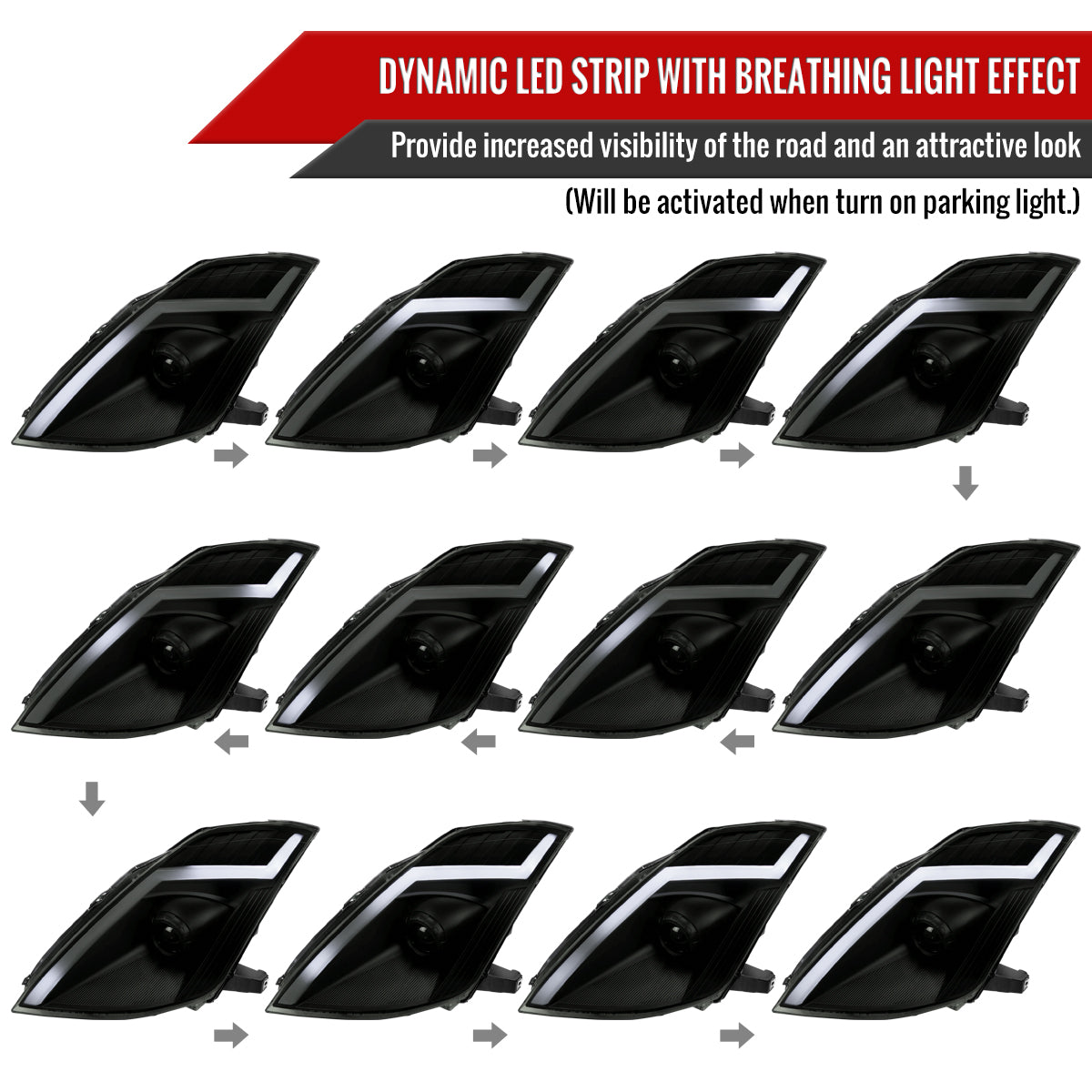 2006-2009 Nissan 350Z Switchback Sequential Turn Signal Animated LED Bar Projector Headlights (Matte Black Housing/Smoke Lens)