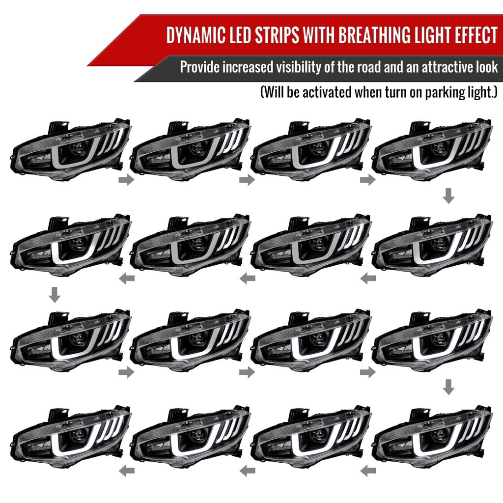 2016-2021 Honda Civic Projector Headlights w/ LED Switchback Sequential Turn Signal (Matte Black Housing/Clear Lens)