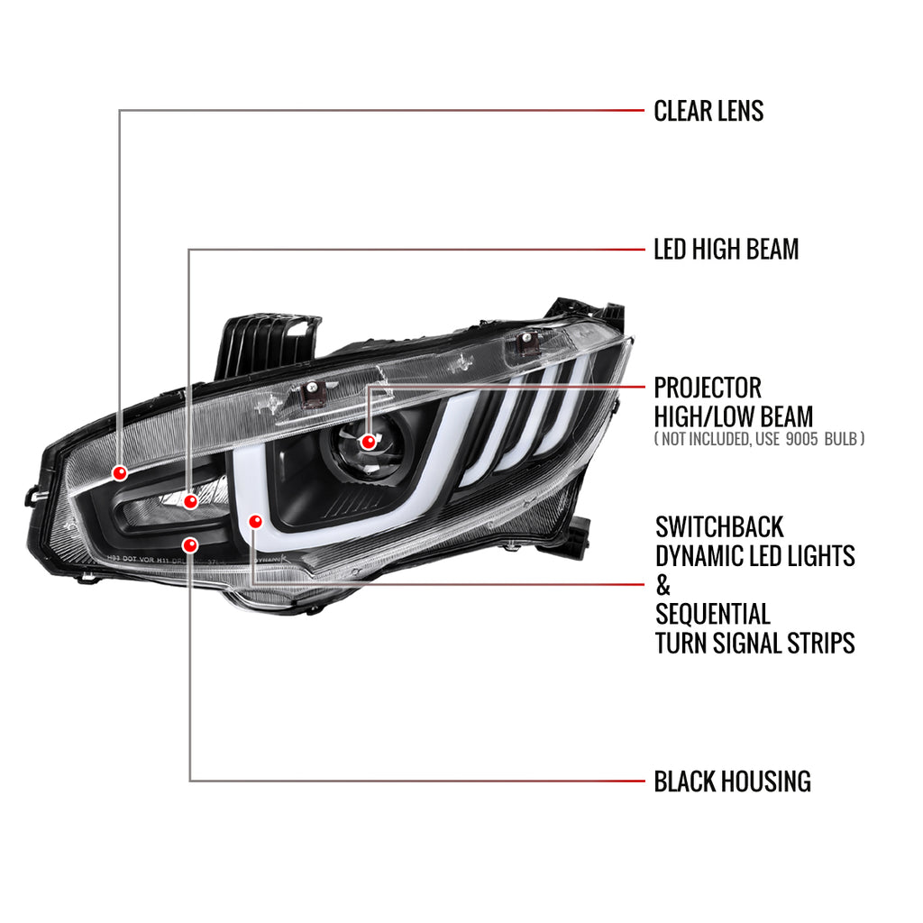 2016-2021 Honda Civic Projector Headlights w/ LED Switchback Sequential Turn Signal (Matte Black Housing/Clear Lens)