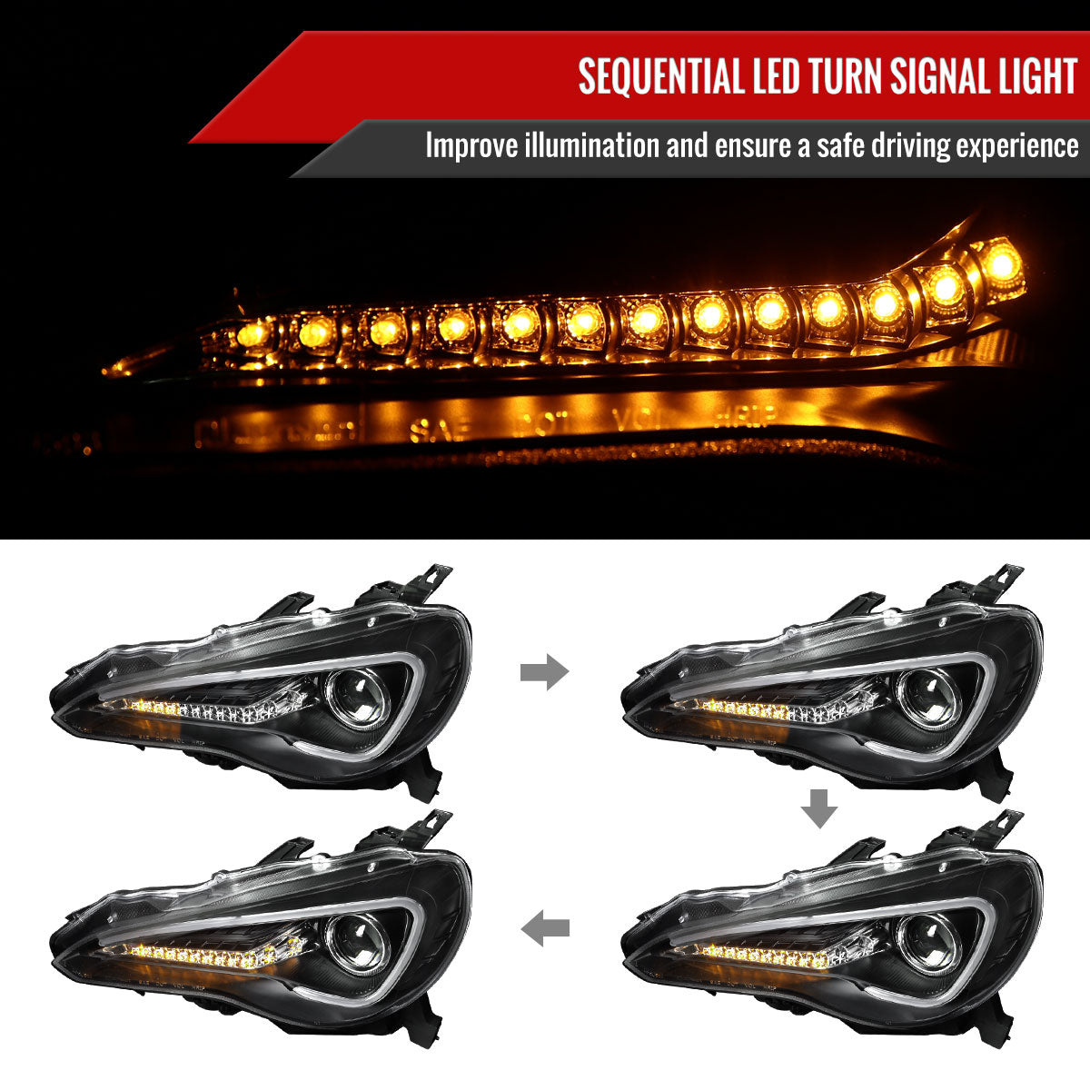 2013-2016 Scion FR-S LED Bar Projector Headlights w/ Sequential Turn Signal Lights (Matte Black Housing/Clear Lens)