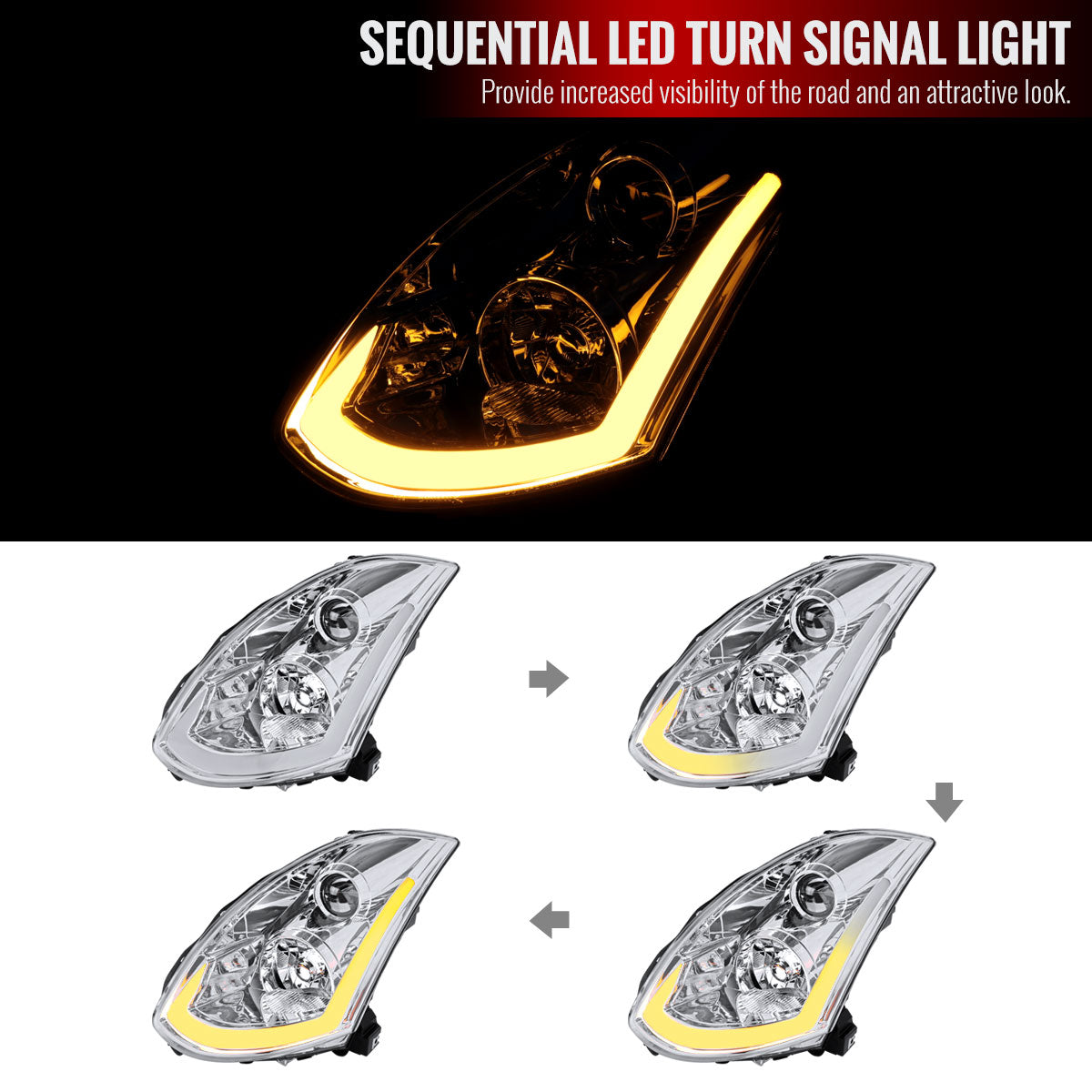 2003-2007 Infiniti G35 Coupe Switchback Sequential LED Bar Projector Headlights - Chrome/Clear Lens