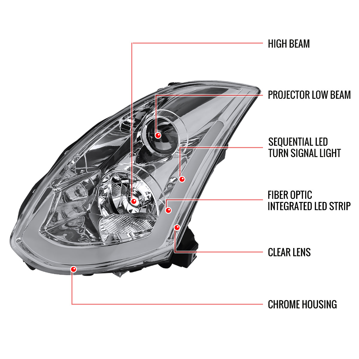 2003-2007 Infiniti G35 Coupe Switchback Sequential LED Bar Projector Headlights - Chrome/Clear Lens