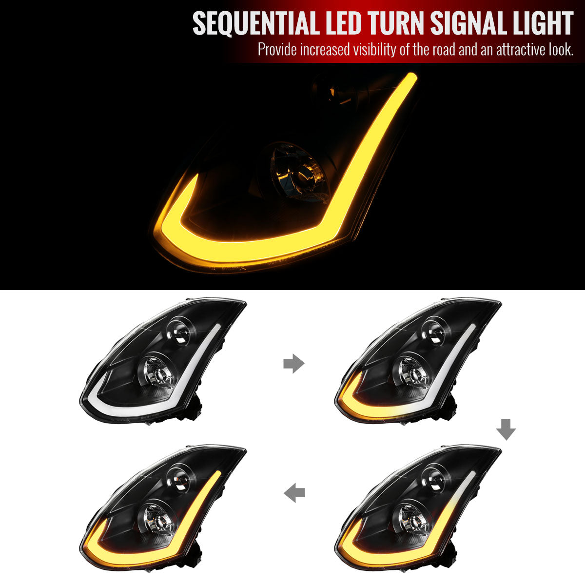 2003-2007 Infiniti G35 Coupe Switchback Sequential LED Bar Projector Headlights - Matte Black/Clear Lens
