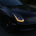 2003-2007 Infiniti G35 Coupe Switchback Sequential LED Bar Projector Headlights - Matte Black/Clear Lens