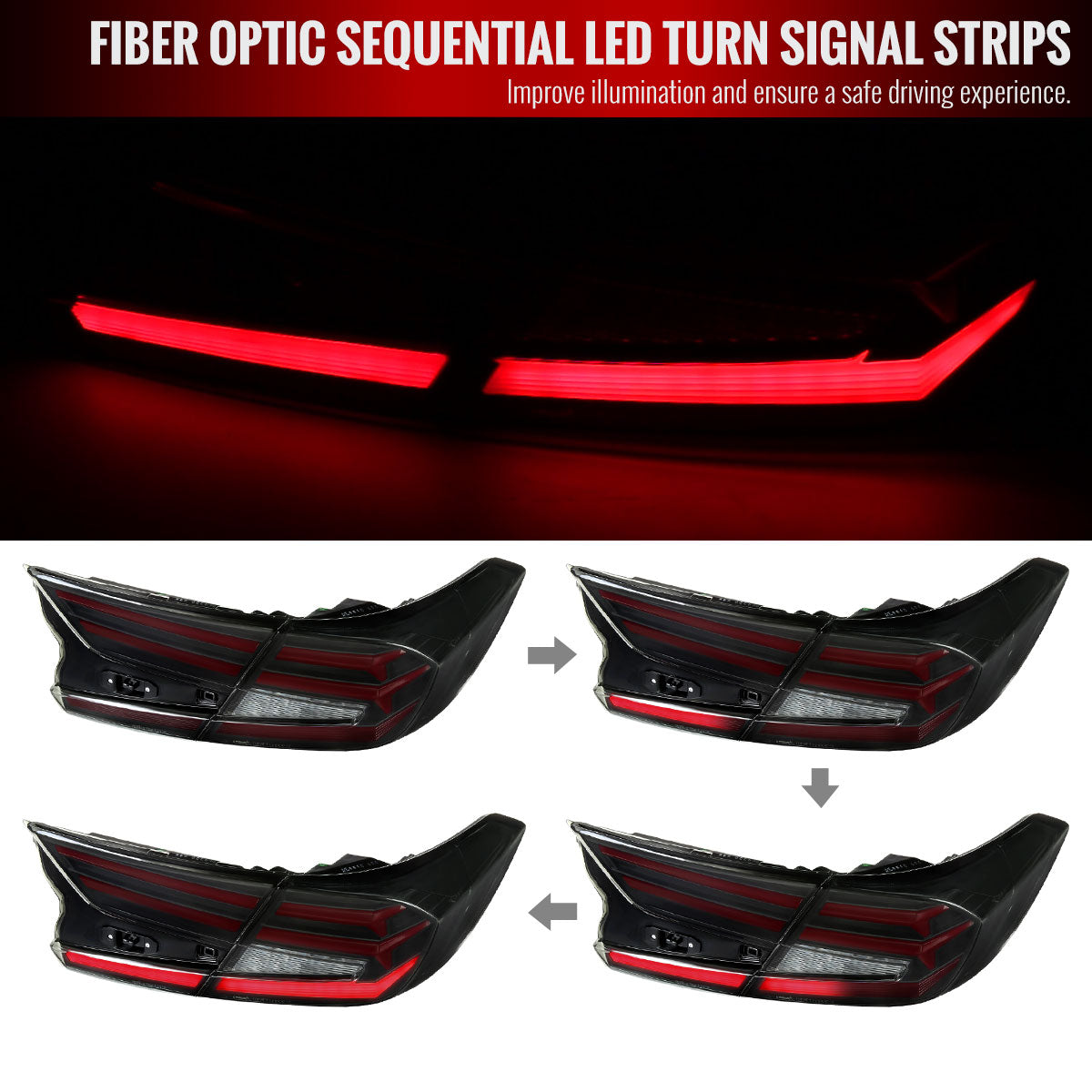 2018-2022 Honda Accord Sedan Red LED Sequential Signal Tail Lights (Matte Black Housing/Smoke Lens)