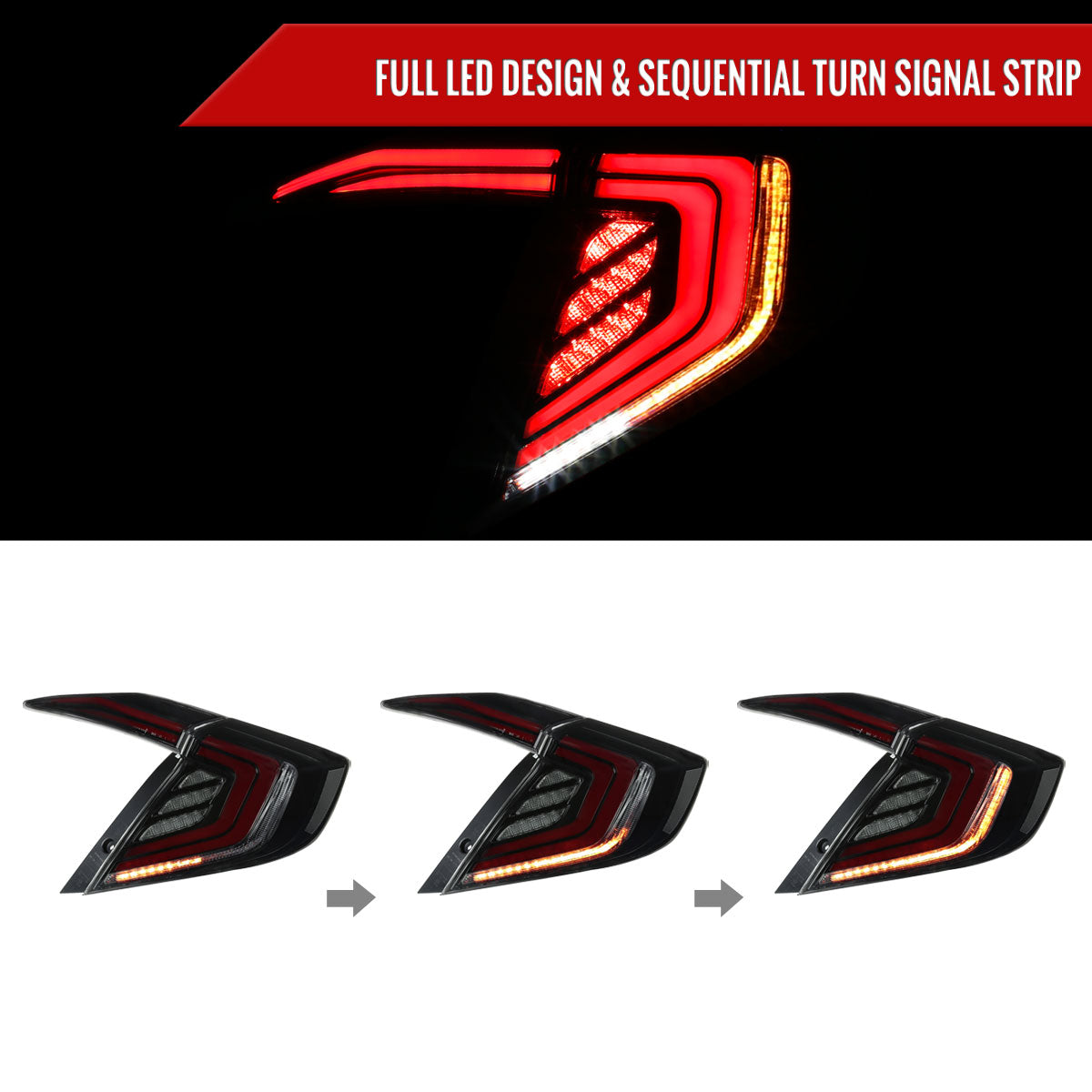 2016-2021 Honda Civic Sedan LED Tail Lights w/ Sequential Turn Signal Lights (Glossy Black Housing/Smoke Lens)