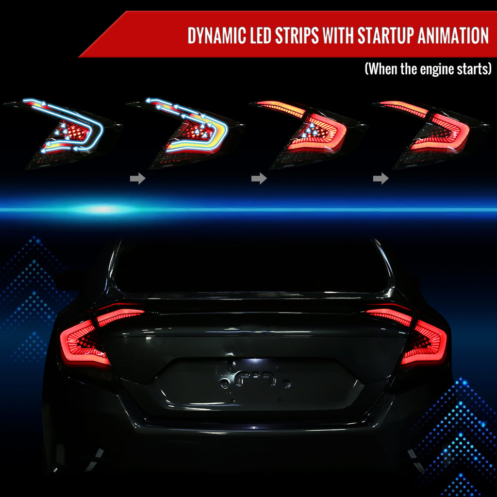 2016-2021 Honda Civic Sedan V2 LED Tail Lights w/ Sequential Turn Signal Lights (Glossy Black Housing/Smoke Lens)