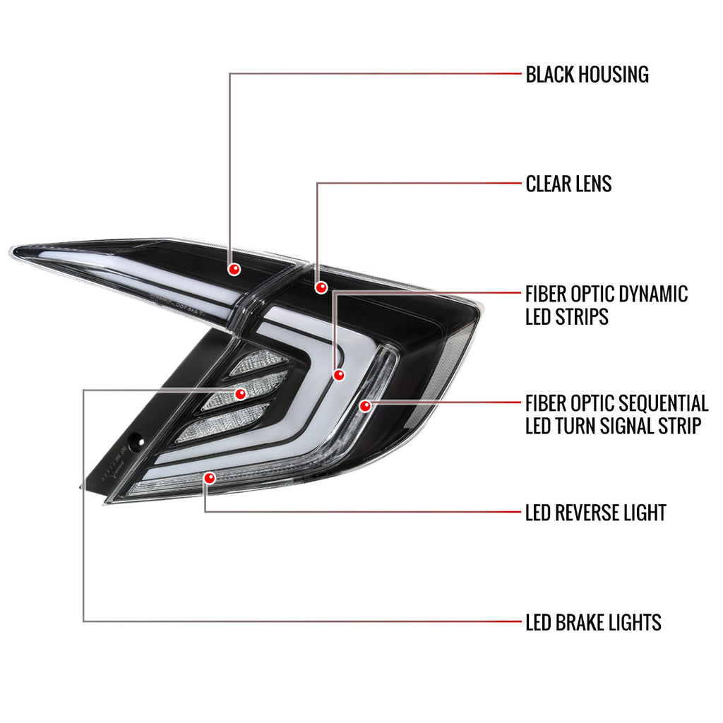 2016-2021 Honda Civic 4DR Sedan White LED Tail Lights w/ Sequential Signal Lamps (Matte Black Housing/Clear Lens)