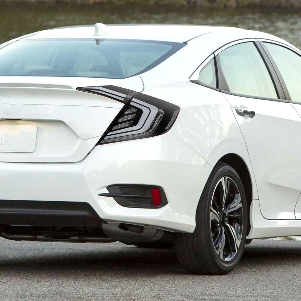 2016-2021 Honda Civic 4DR Sedan White LED Tail Lights w/ Sequential Signal Lamps (Matte Black Housing/Clear Lens)