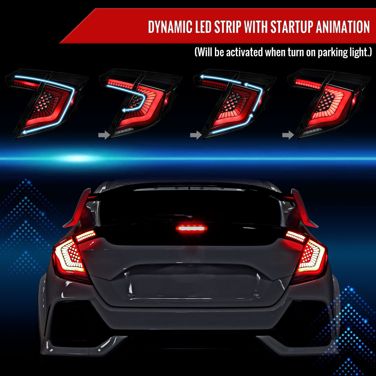 2017-2021 Honda Civic Hatchback LED Sequential Signal Tail Lights (Black Housing/Smoke Lens)