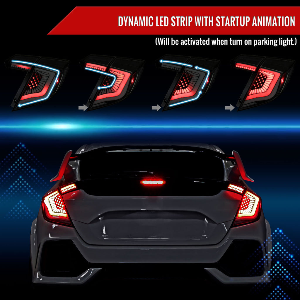 2017-2021 Honda Civic Hatchback Sequential Turn Signal LED Tail Lights (Black Housing/Smoke Lens)