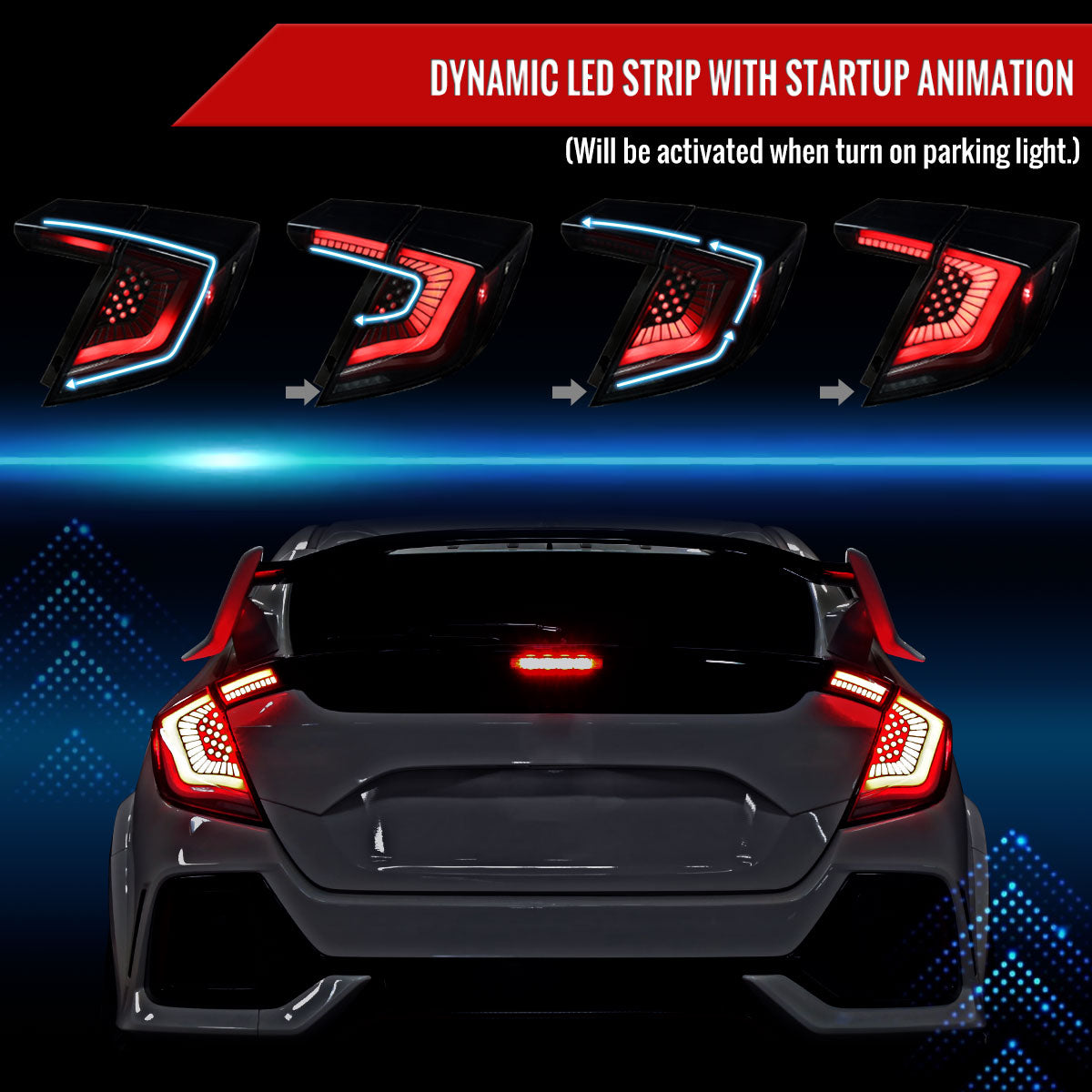 2017-2021 Honda Civic Hatchback LED Sequential Signal Tail Lights (Black Housing/Smoke Lens)