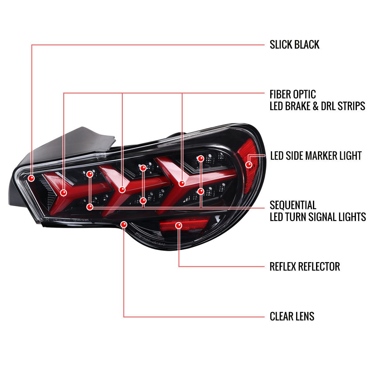 2013-2016 Scion FRS/Subaru BRZ Lambo Style Sequential LED Tail Lights (Glossy Black Housing/Clear Lens)