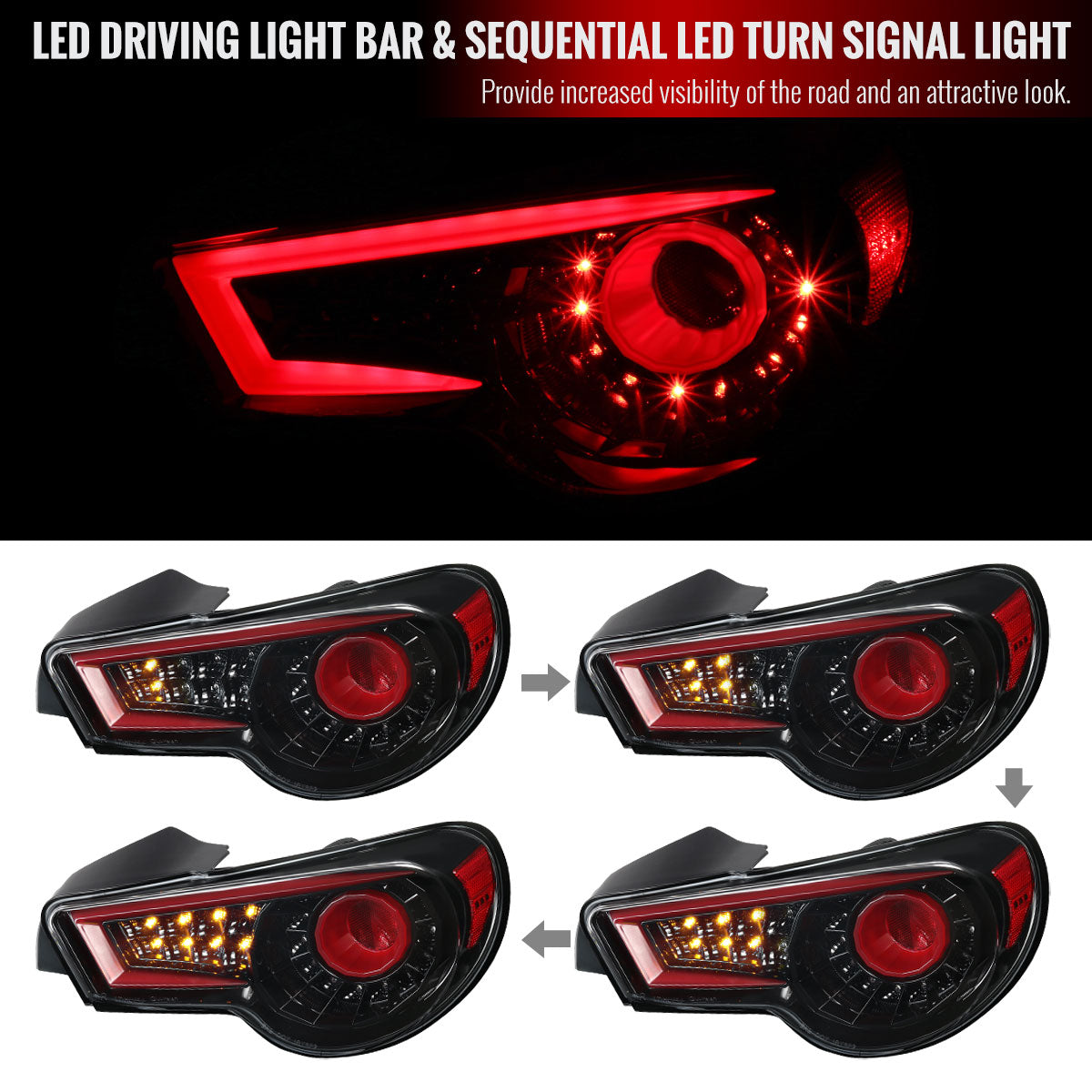 2013-2016 Scion FRS/Subaru BRZ Red Bar Sequential LED Tail Lights (Jet Black Housing/Clear Lens)