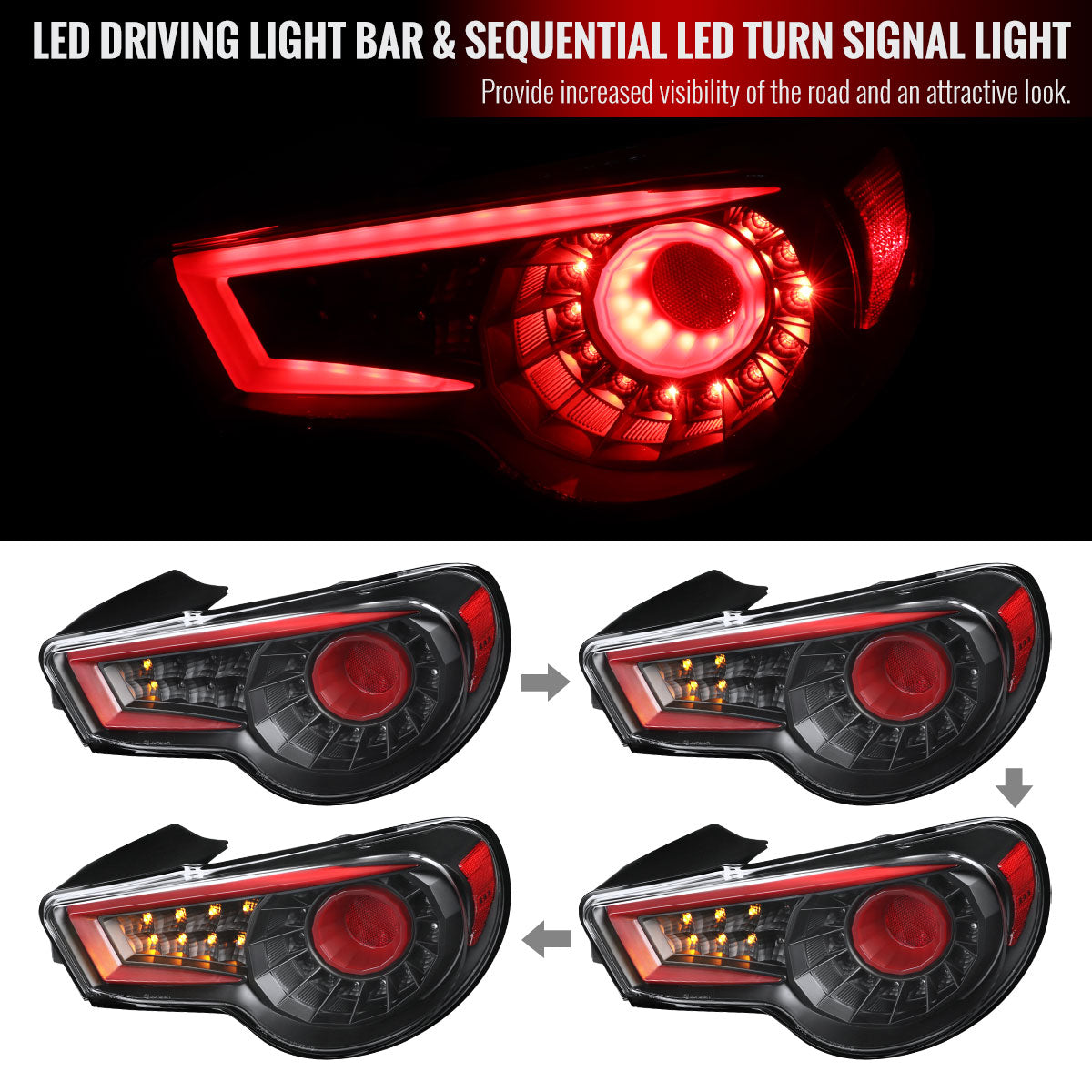 2013-2016 Scion FRS/Subaru BRZ Red Bar Sequential LED Tail Lights (Satin Black Housing/Clear Lens)