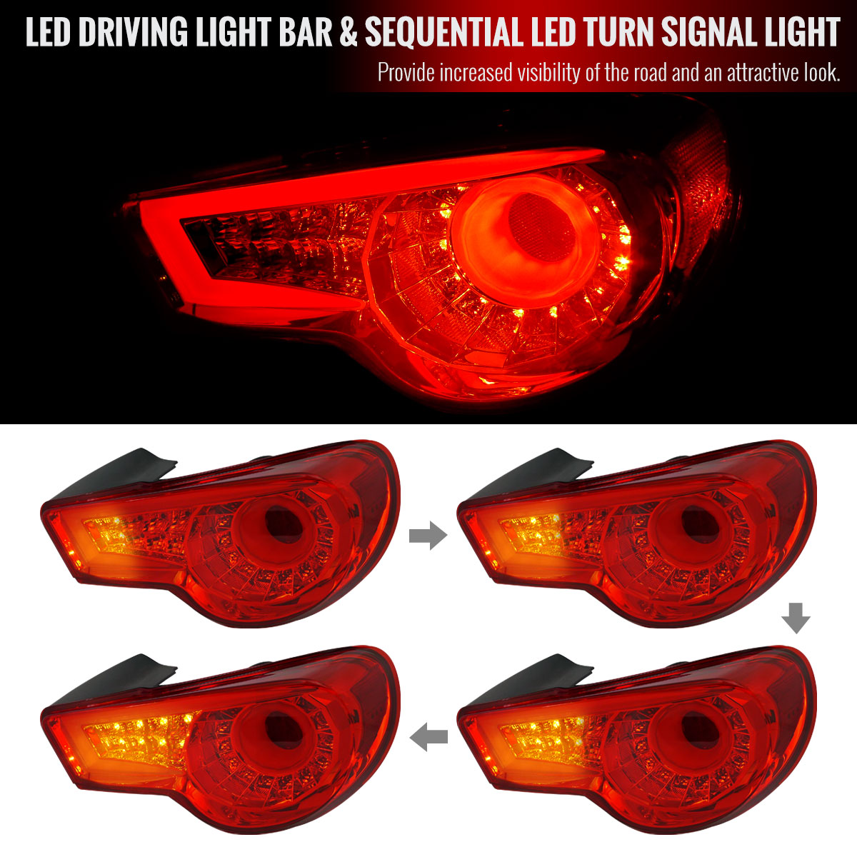 2013-2016 Scion FRS/Subaru BRZ Red Bar Sequential LED Tail Lights (Chrome Housing/Red Clear Lens)