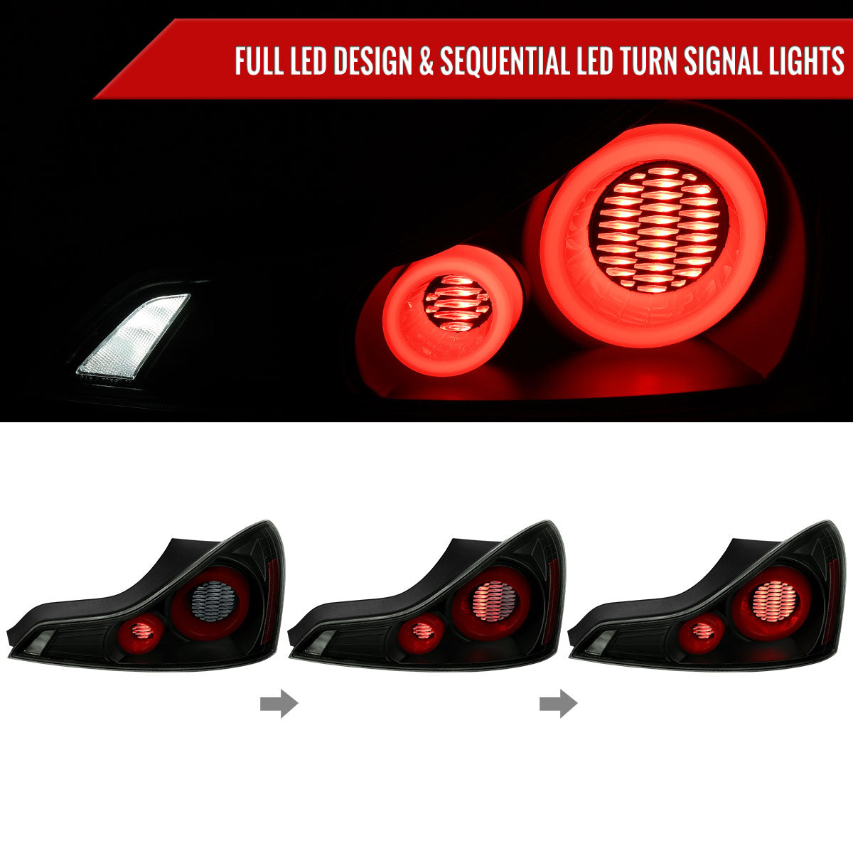 2008-2013 Infiniti G37/2014-2015 Q60 Coupe/Convertible LED Tail Lights w/ Switchback Sequential Turn Signals (Matte Black Housing / Smoked Lens)