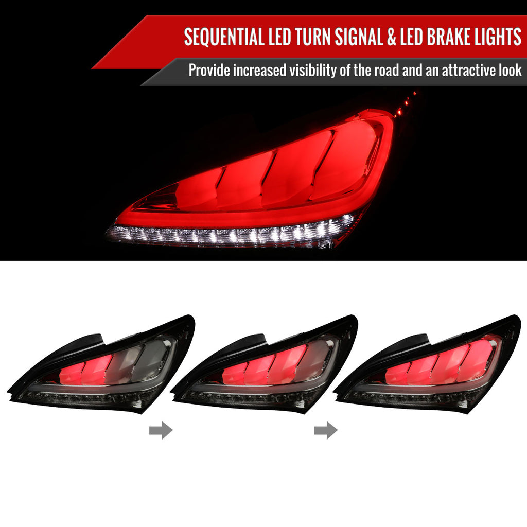 2010-2016 Hyundai Genesis Coupe White Bar Sequential LED Tail Lights (Chrome Housing/Smoke Lens)