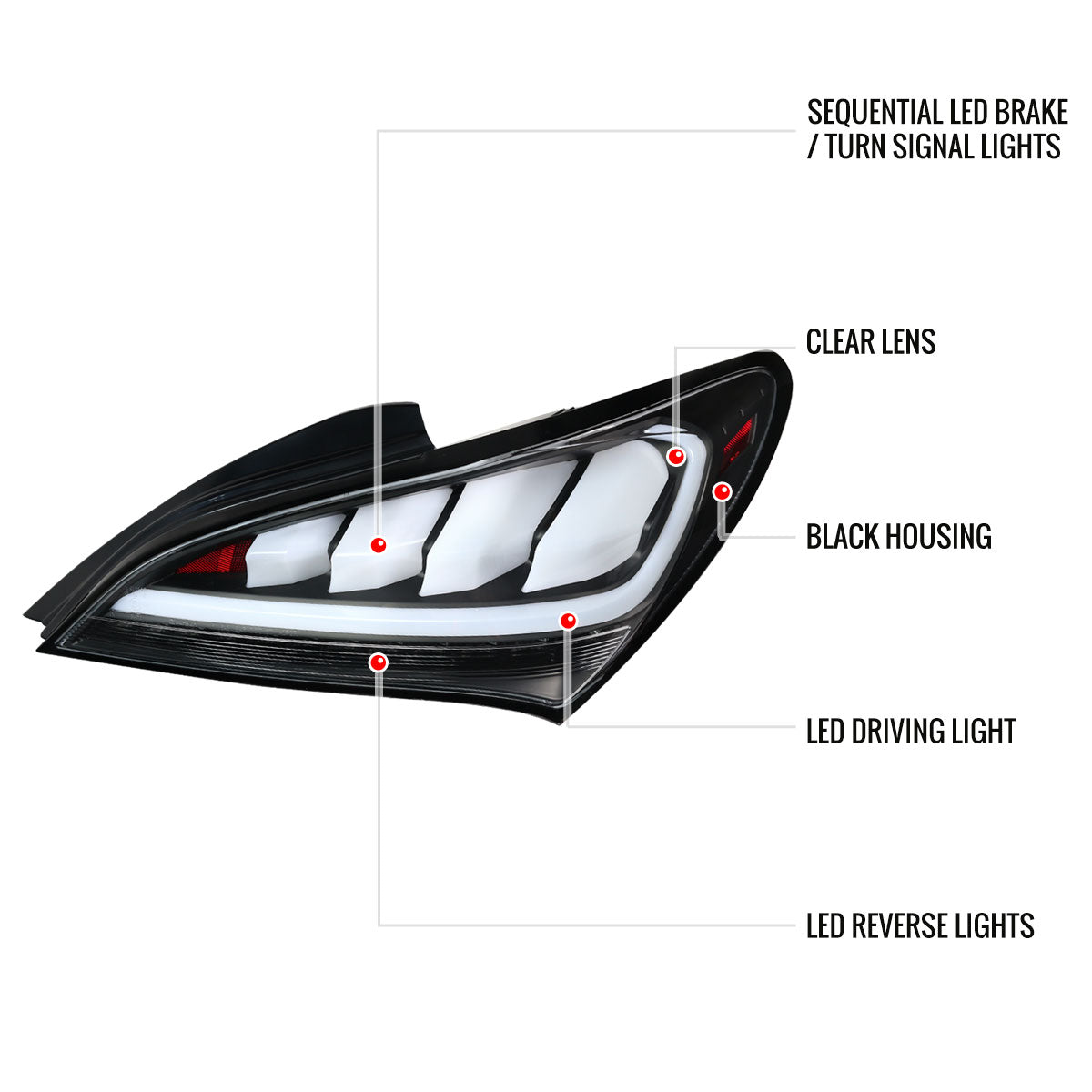 2010-2016 Hyundai Genesis Coupe White Bar Sequential LED Tail Lights (Matte Black Housing/Clear Lens)