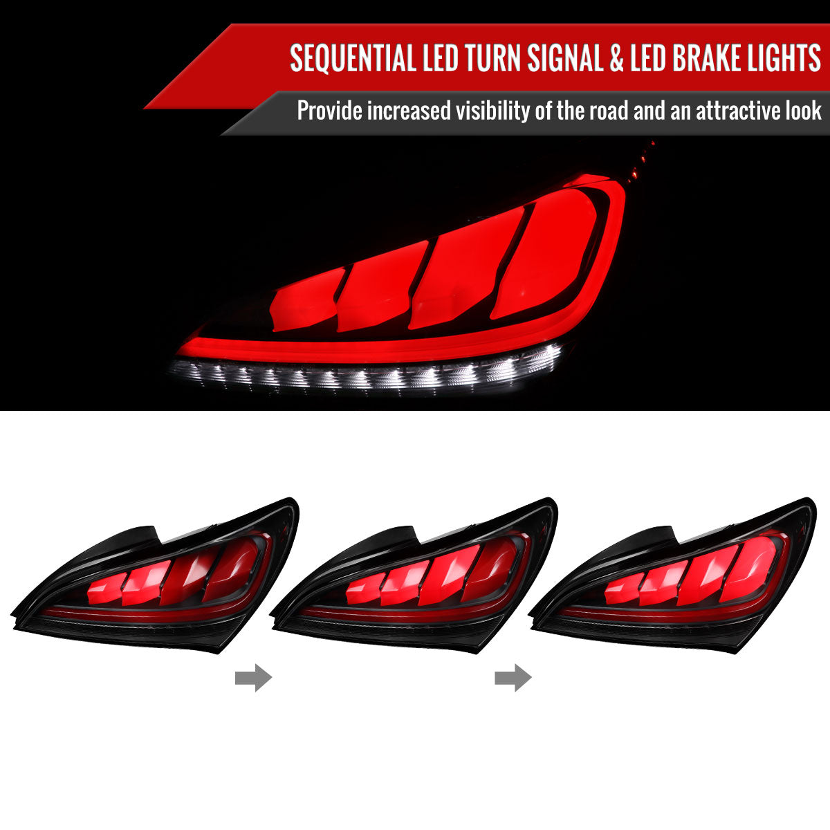 2010-2016 Hyundai Genesis Coupe Red Bar Sequential LED Tail Lights (Satin Black Housing/Clear Lens)