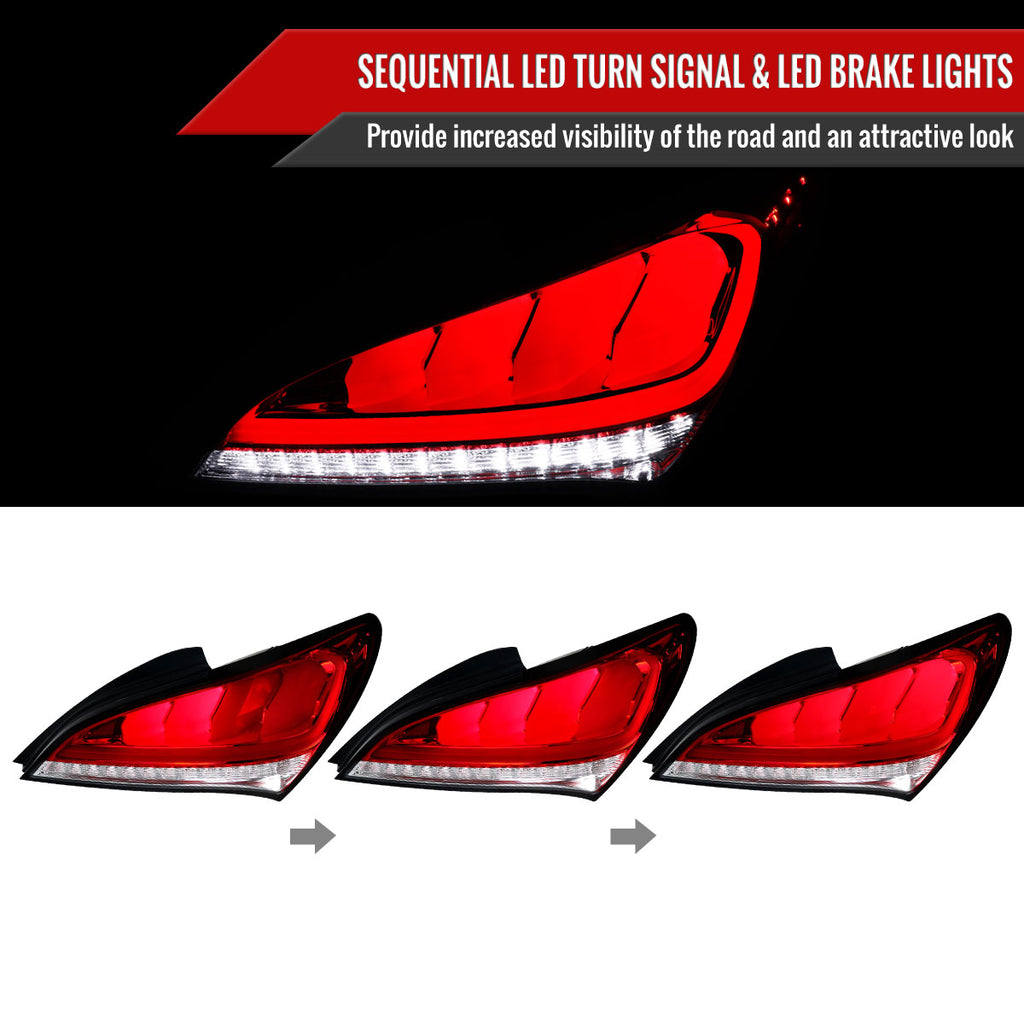 2010-2016 Hyundai Genesis Coupe White Bar Sequential LED Tail Lights (Chrome Housing/Red Lens)