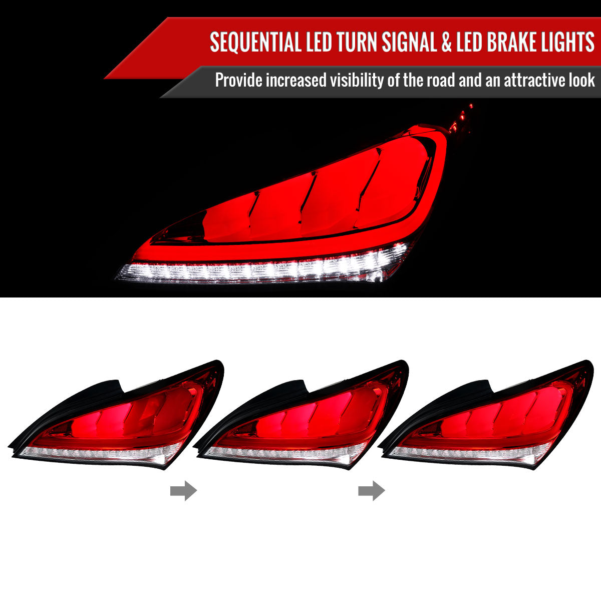 2010-2016 Hyundai Genesis Coupe White Bar Sequential LED Tail Lights (Chrome Housing/Red Lens)