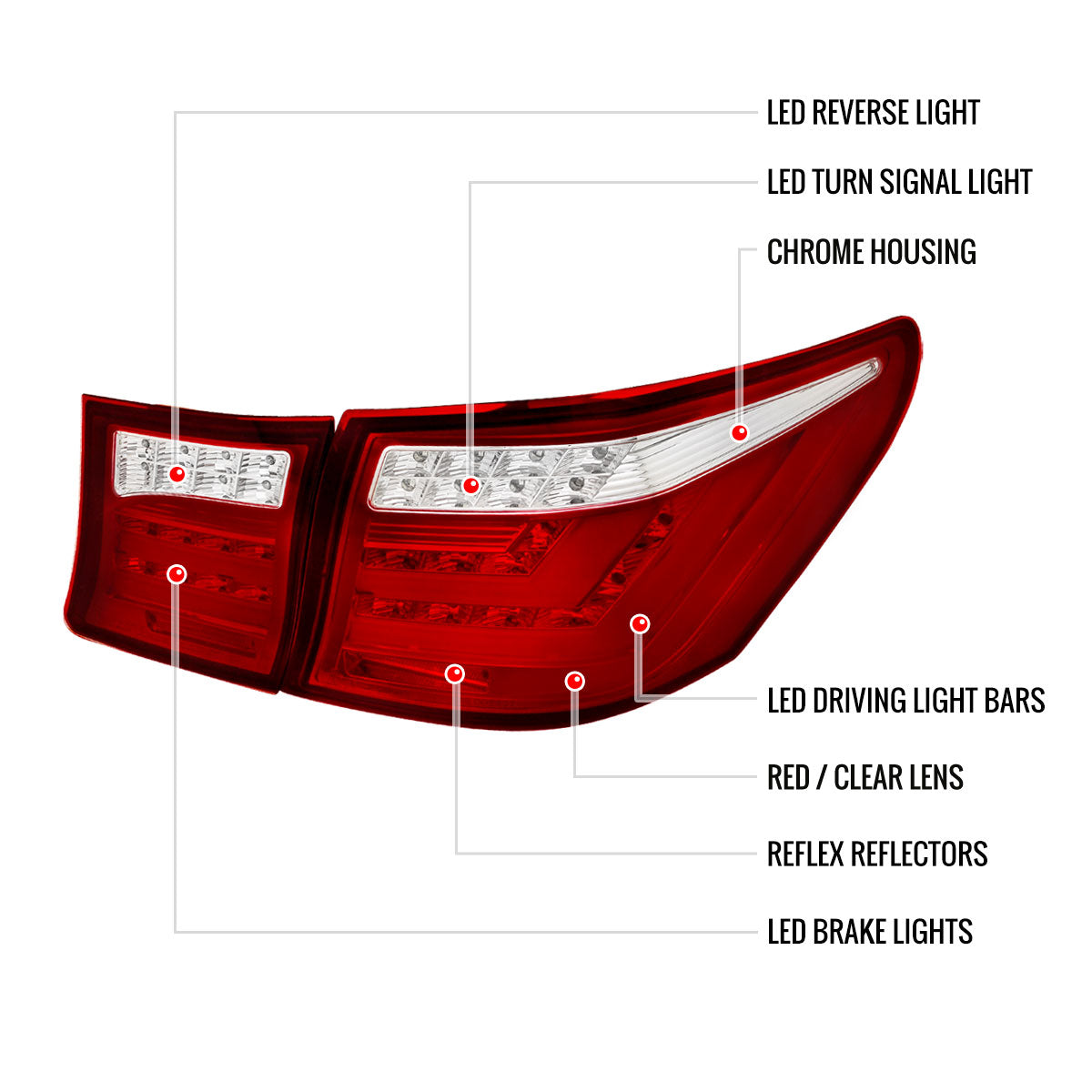 2007-2009 Lexus LS460 LED Tail Lights & Trunk Lights (Chrome Housing/Red Lens)