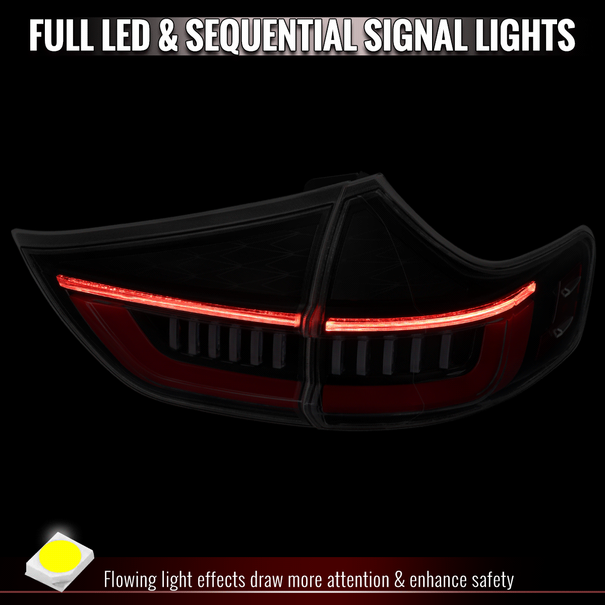 2011-2014 Toyota Sienna Full LED Tail Lights w/ Sequential Turn Signal and Startup Animation Red Lens Fiber Optic LED (Jet Black Housing / Clear Lens)