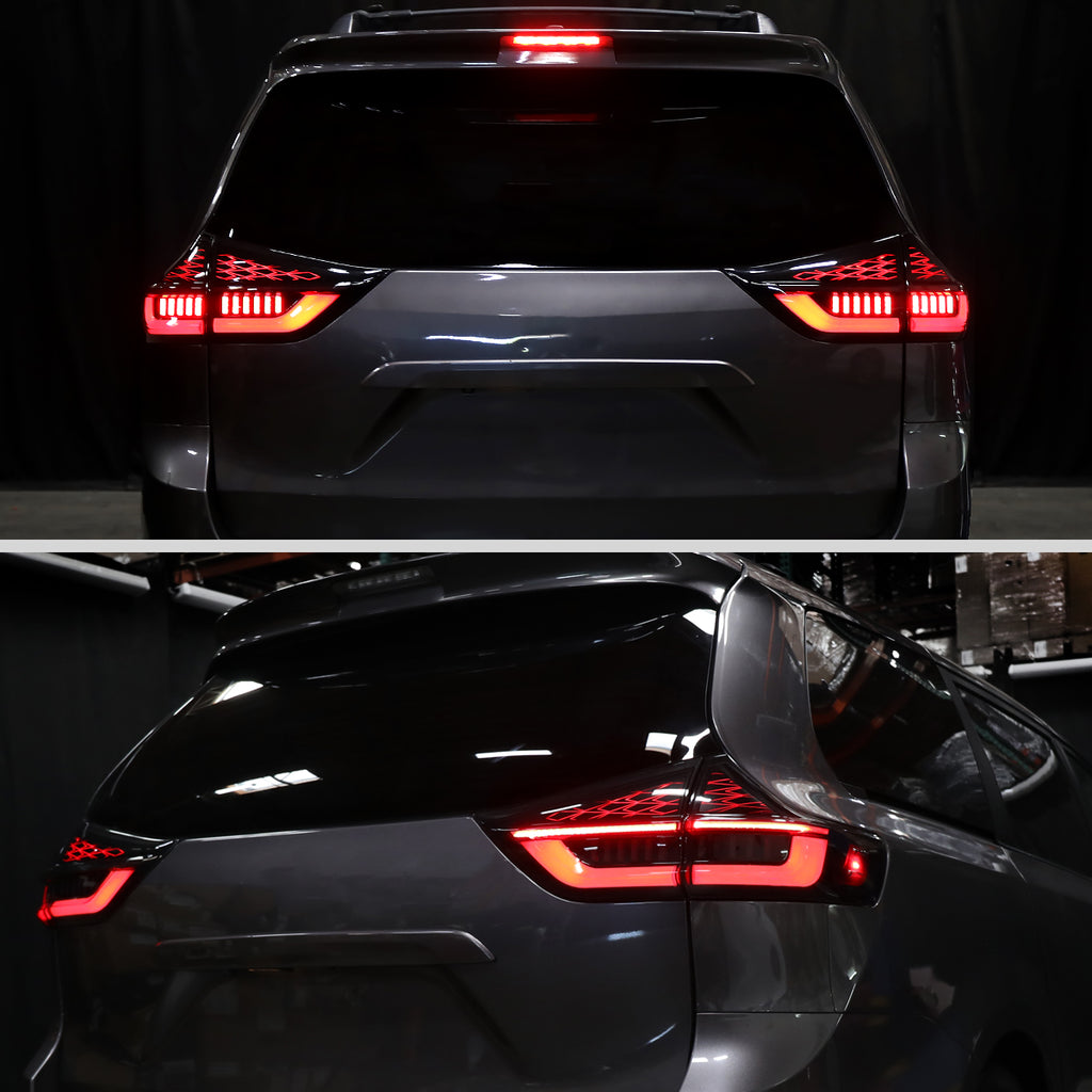 2011-2014 Toyota Sienna Full LED Tail Lights w/ Sequential Turn Signal and Startup Animation Red Lens Fiber Optic LED (Jet Black Housing / Clear Lens)